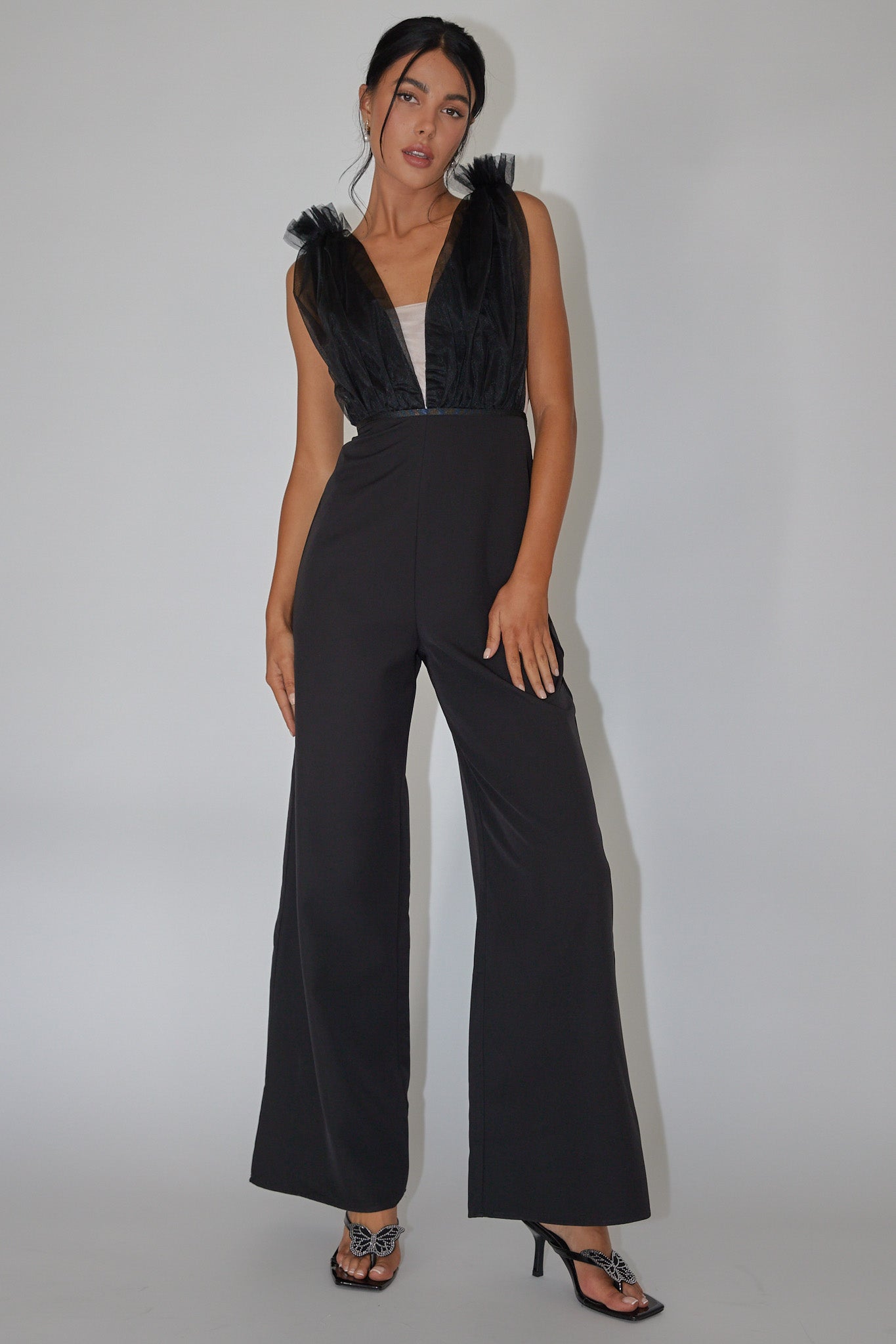 Lovinia Mesh Bodice Jumpsuit Black by Selfie Leslie