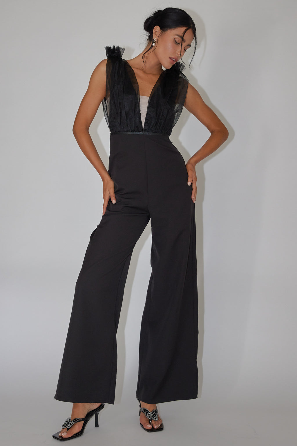 Lovinia Mesh Bodice Jumpsuit Black by Selfie Leslie