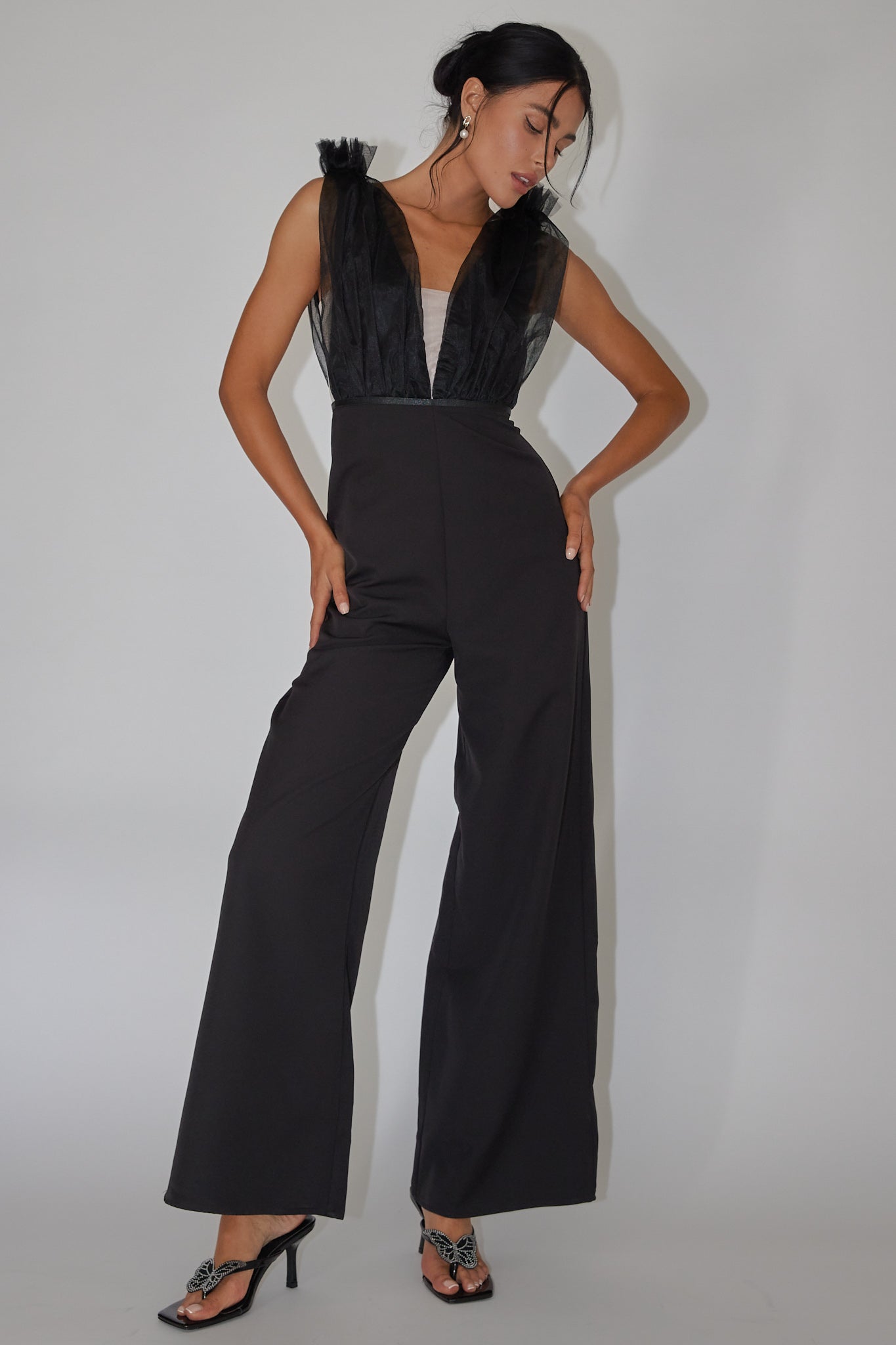 Lovinia Mesh Bodice Jumpsuit Black by Selfie Leslie
