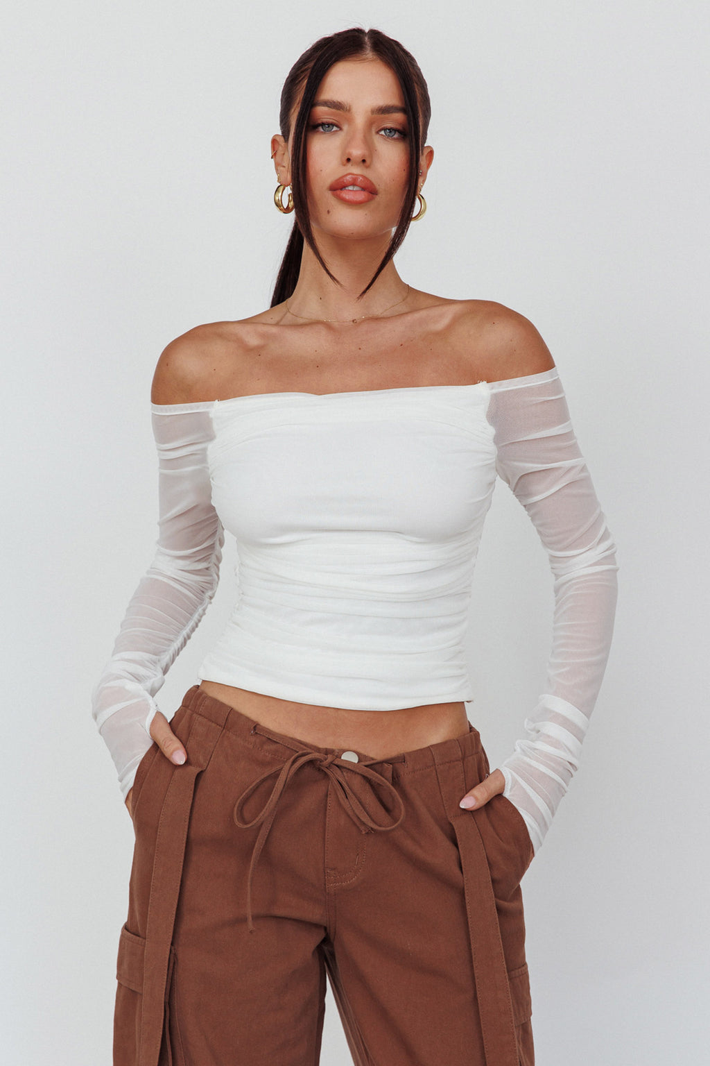 Ronda Off-Shoulder Sheer Sleeve Top White by Selfie Leslie