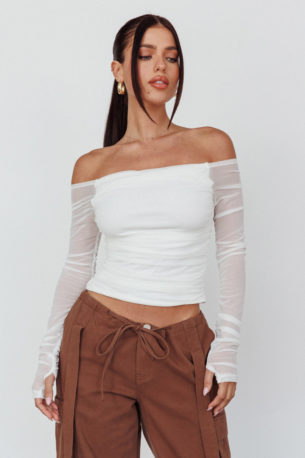 Ronda Off-Shoulder Sheer Sleeve Top White by Selfie Leslie