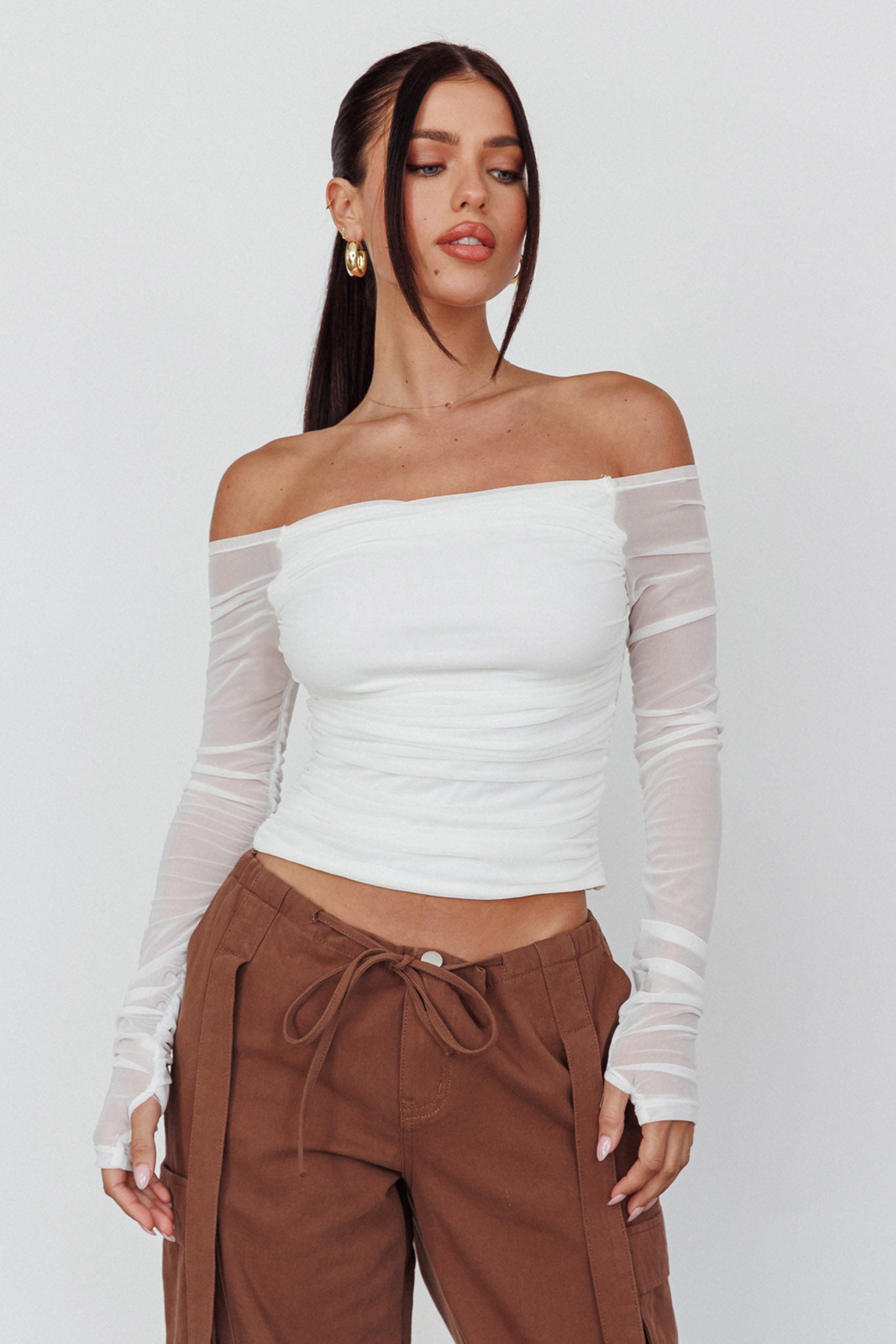Ronda Off-Shoulder Sheer Sleeve Top White by Selfie Leslie