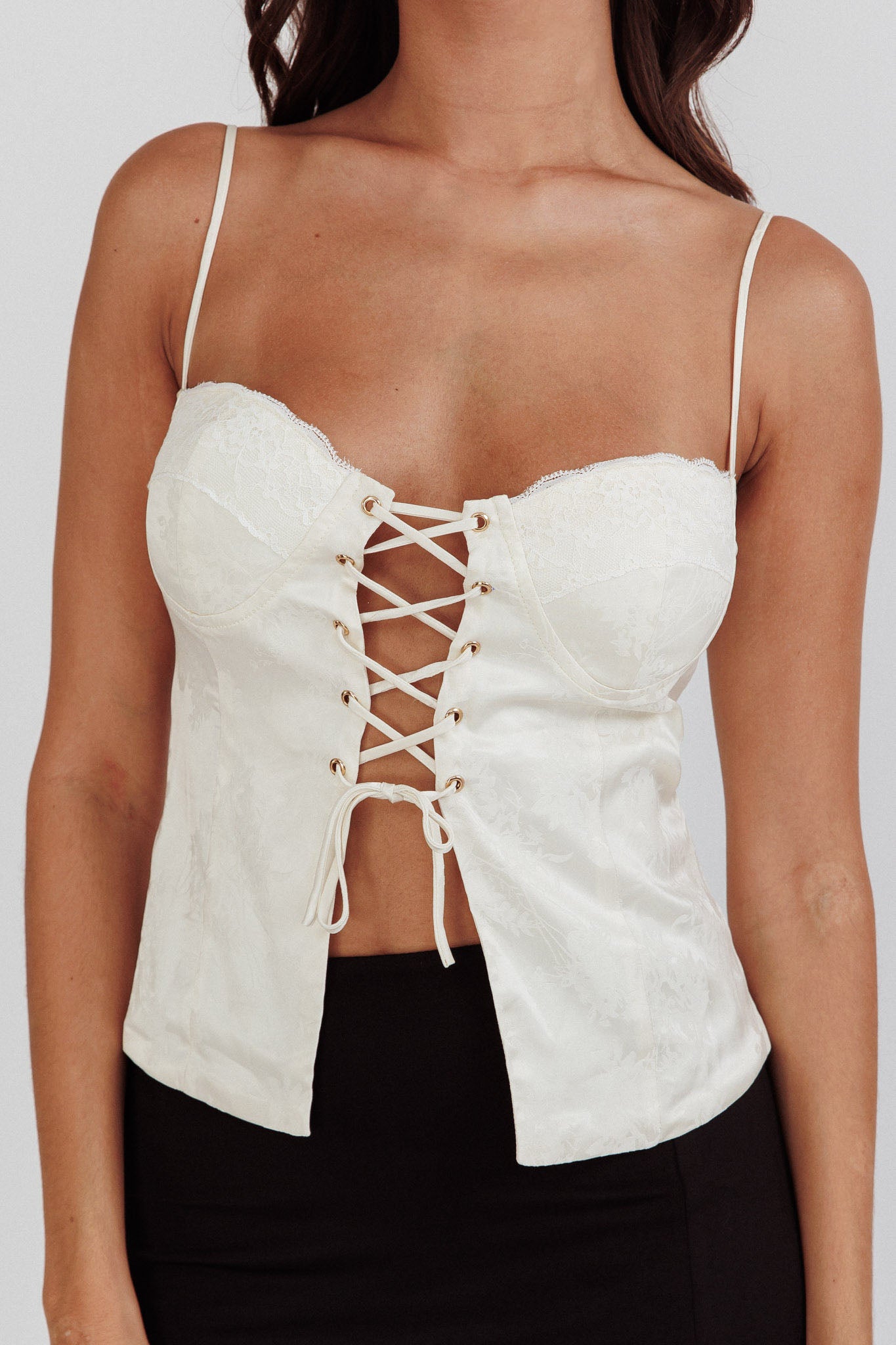 Justina Lace-Up Front Top Ivory by Selfie Leslie