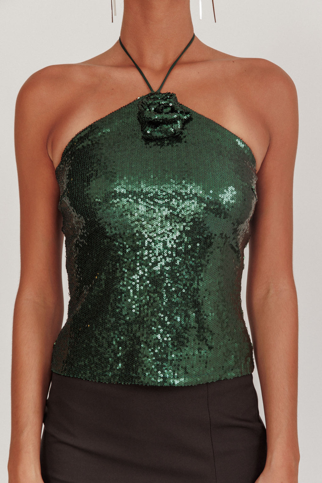 Darcy Sequin Halter Top Hunter Green by Selfie Leslie