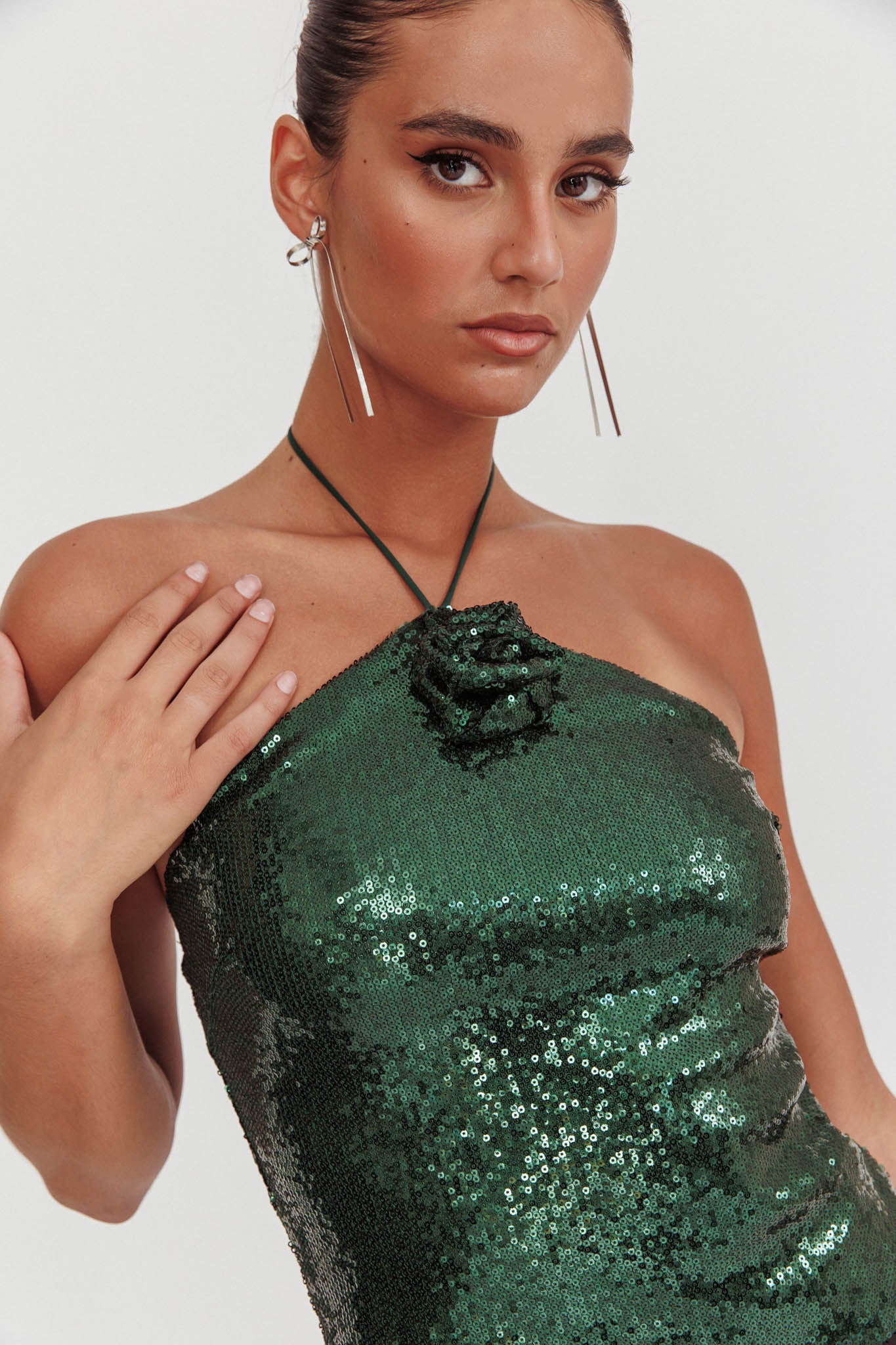 Darcy Sequin Halter Top Hunter Green by Selfie Leslie