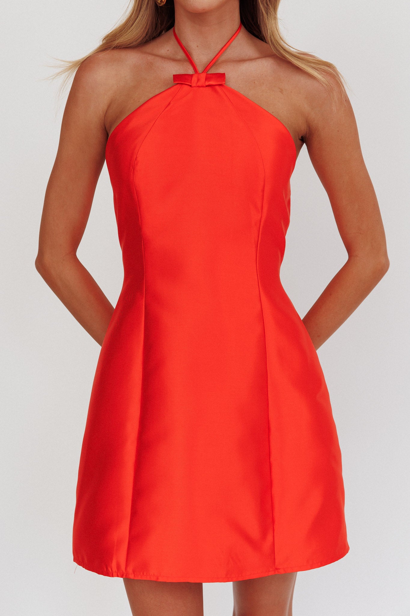 Falon Halter Bow Neck Mini Dress Red by Selfie Leslie