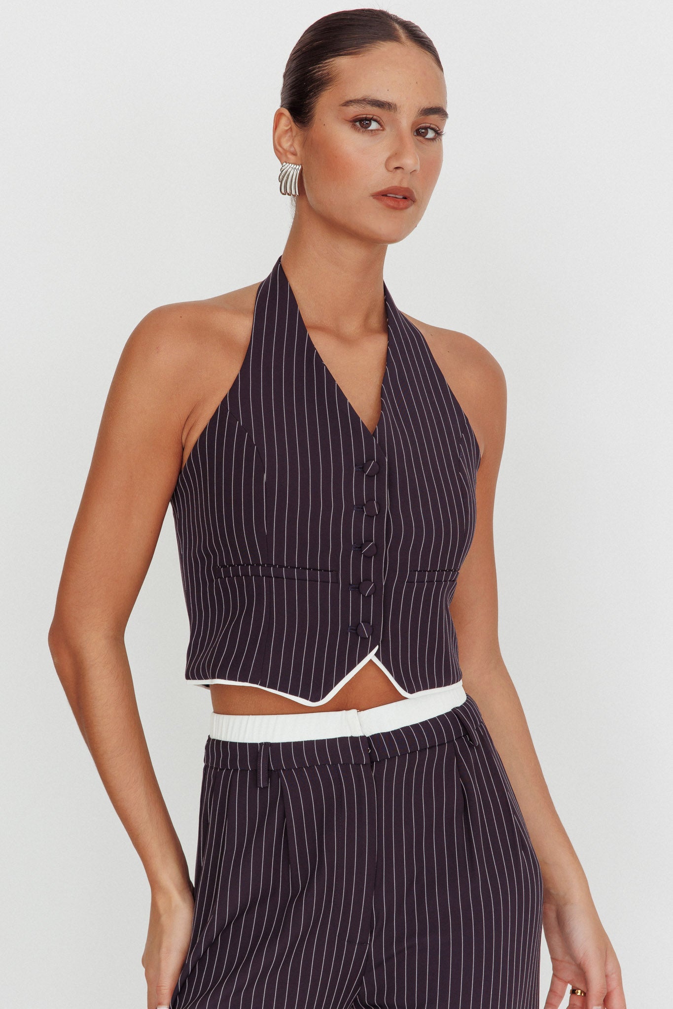Shop the Lilija Pinstripe Halter Neck Vest Navy