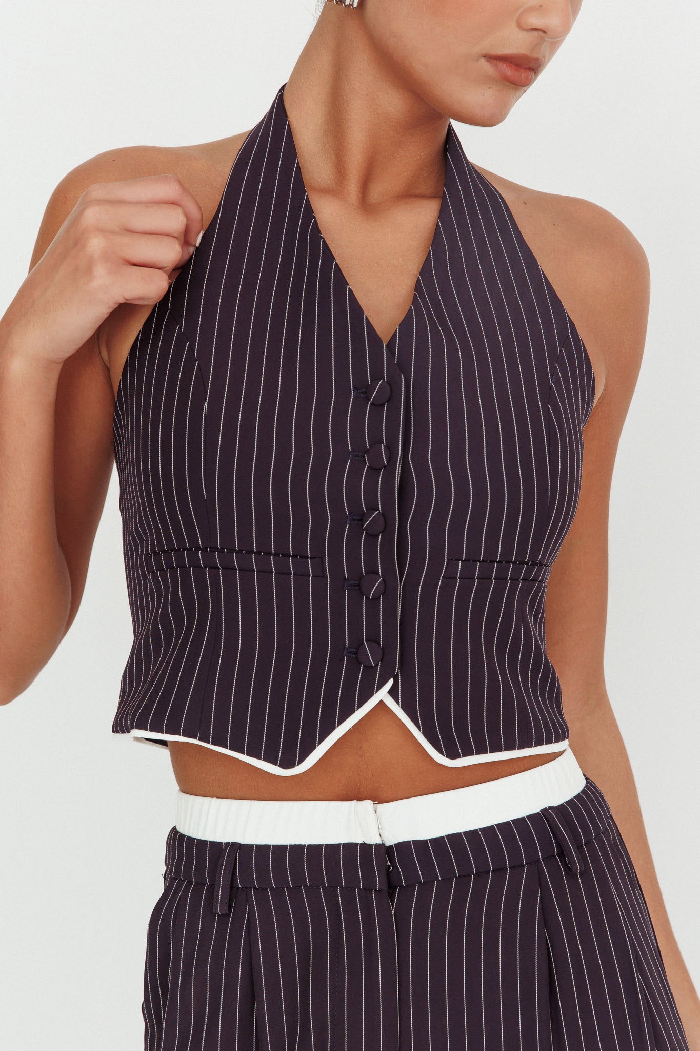 Lilija Pinstripe Halter Neck Vest Navy by Selfie Leslie