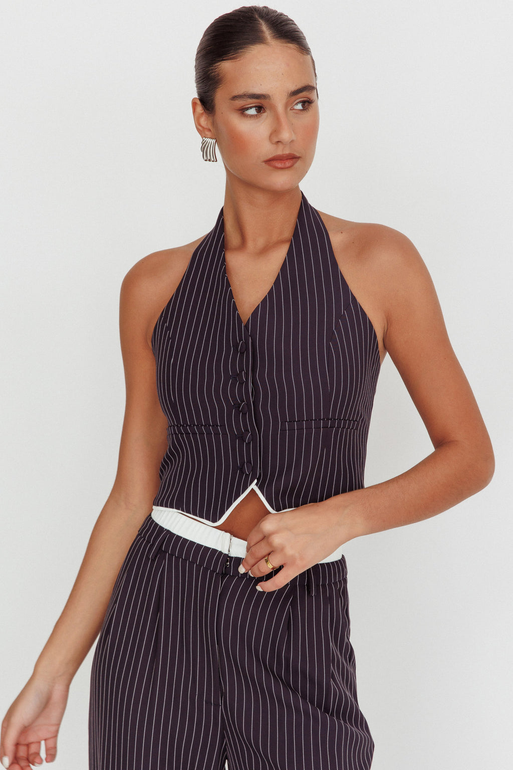Lilija Pinstripe Halter Neck Vest Navy by Selfie Leslie