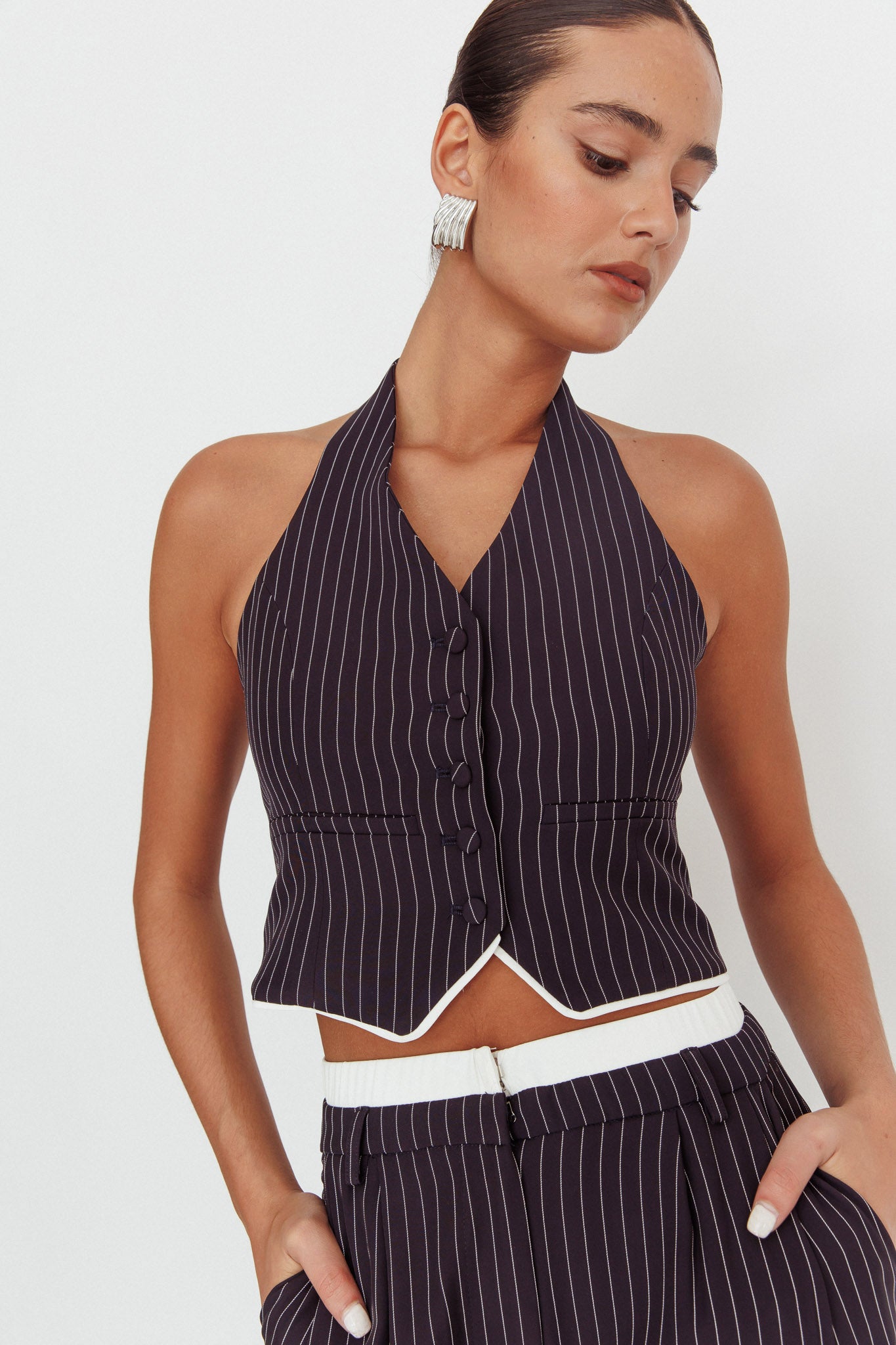 Lilija Pinstripe Halter Neck Vest Navy by Selfie Leslie