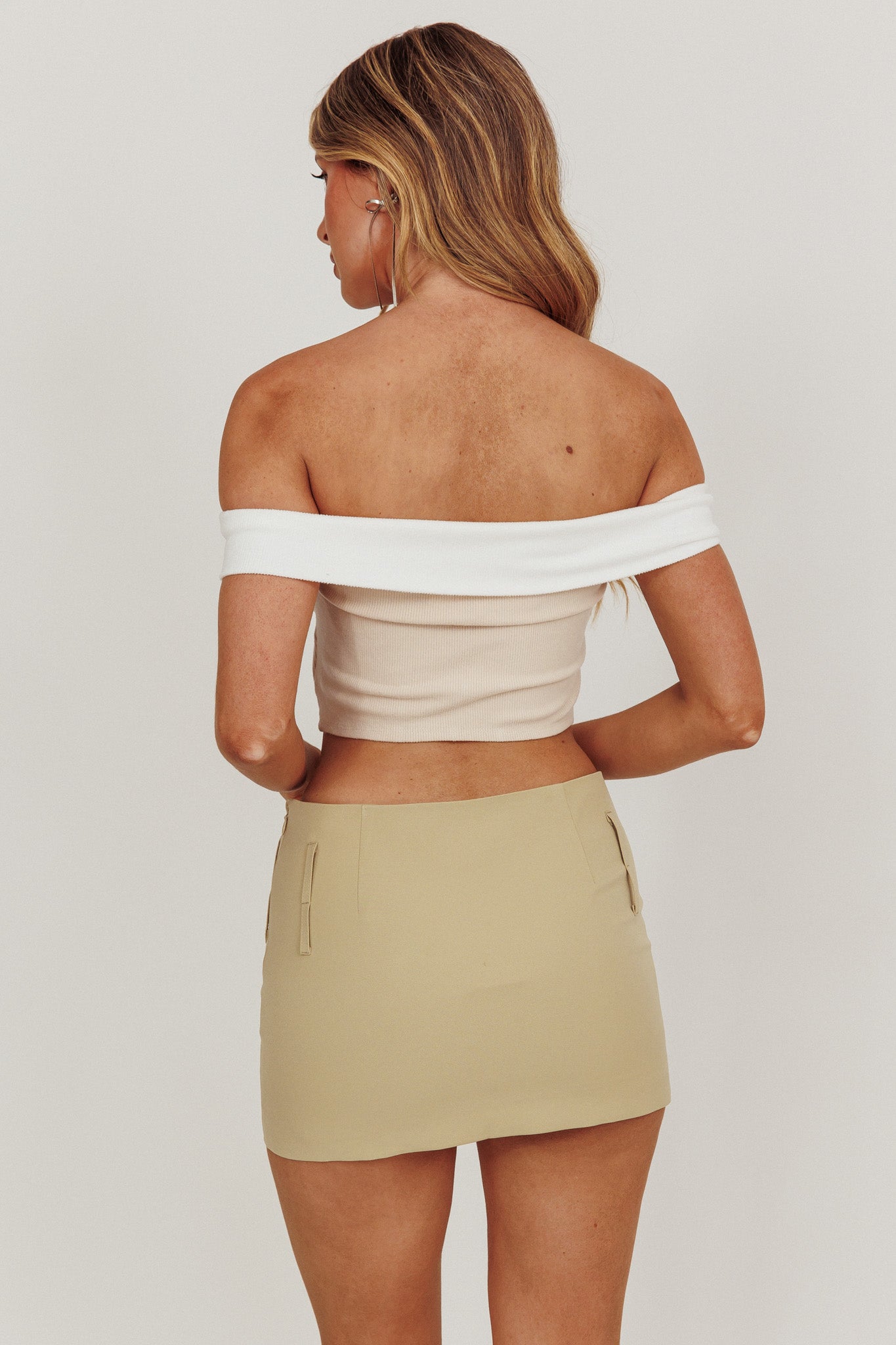 Spill The Tea Off-Shoulder Top Beige/White by Selfie Leslie