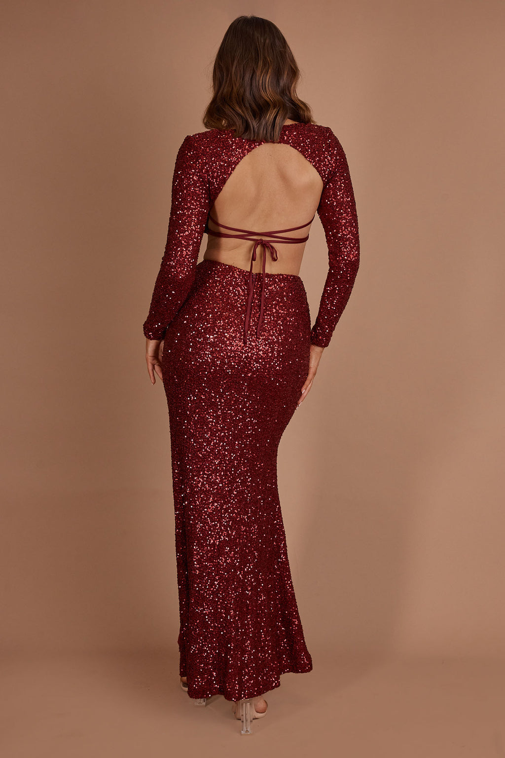 Nights In Monaco Split Sequin Maxi Dress Burgundy by Selfie Leslie