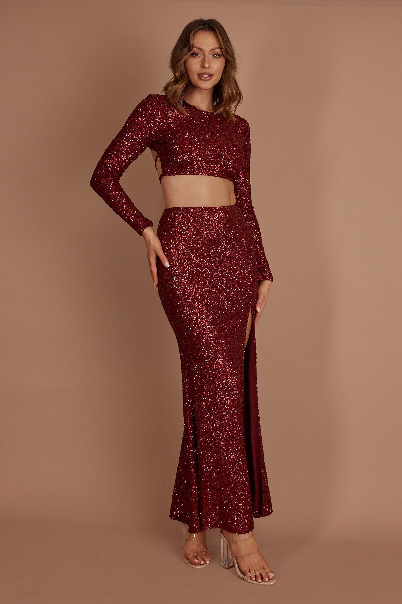 Nights In Monaco Split Sequin Maxi Dress Burgundy by Selfie Leslie