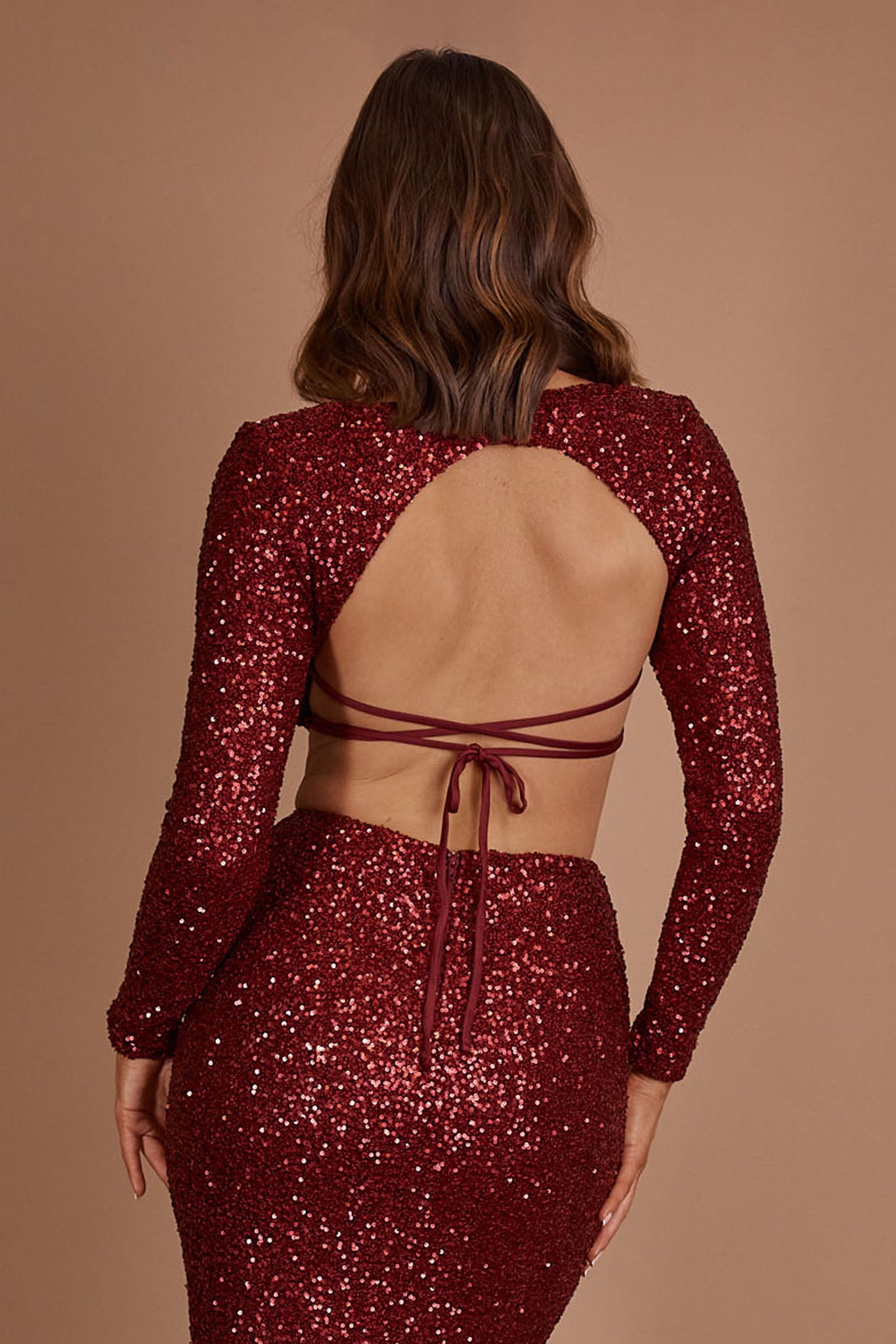 Nights In Monaco Sequin Crop Top Burgundy by Selfie Leslie