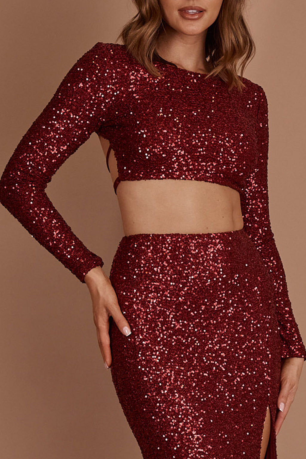 Nights In Monaco Sequin Crop Top Burgundy by Selfie Leslie