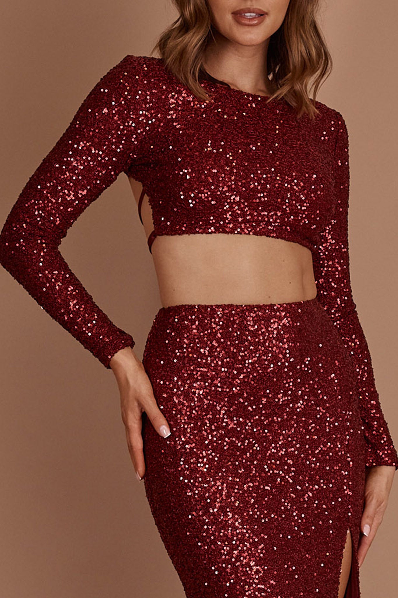 Nights In Monaco Sequin Crop Top Burgundy by Selfie Leslie