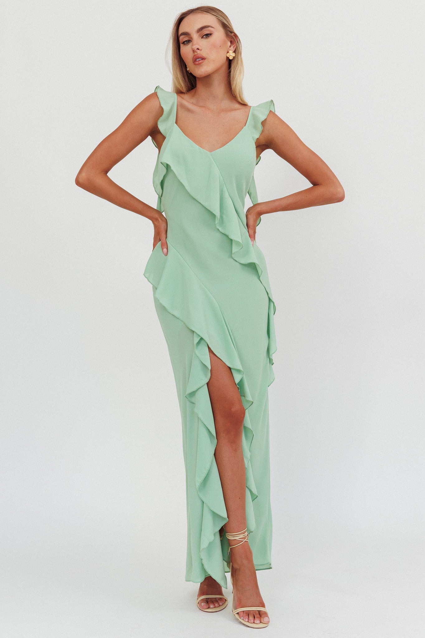 Johannson Ruffle Trim Maxi Dress Pistachio by Selfie Leslie