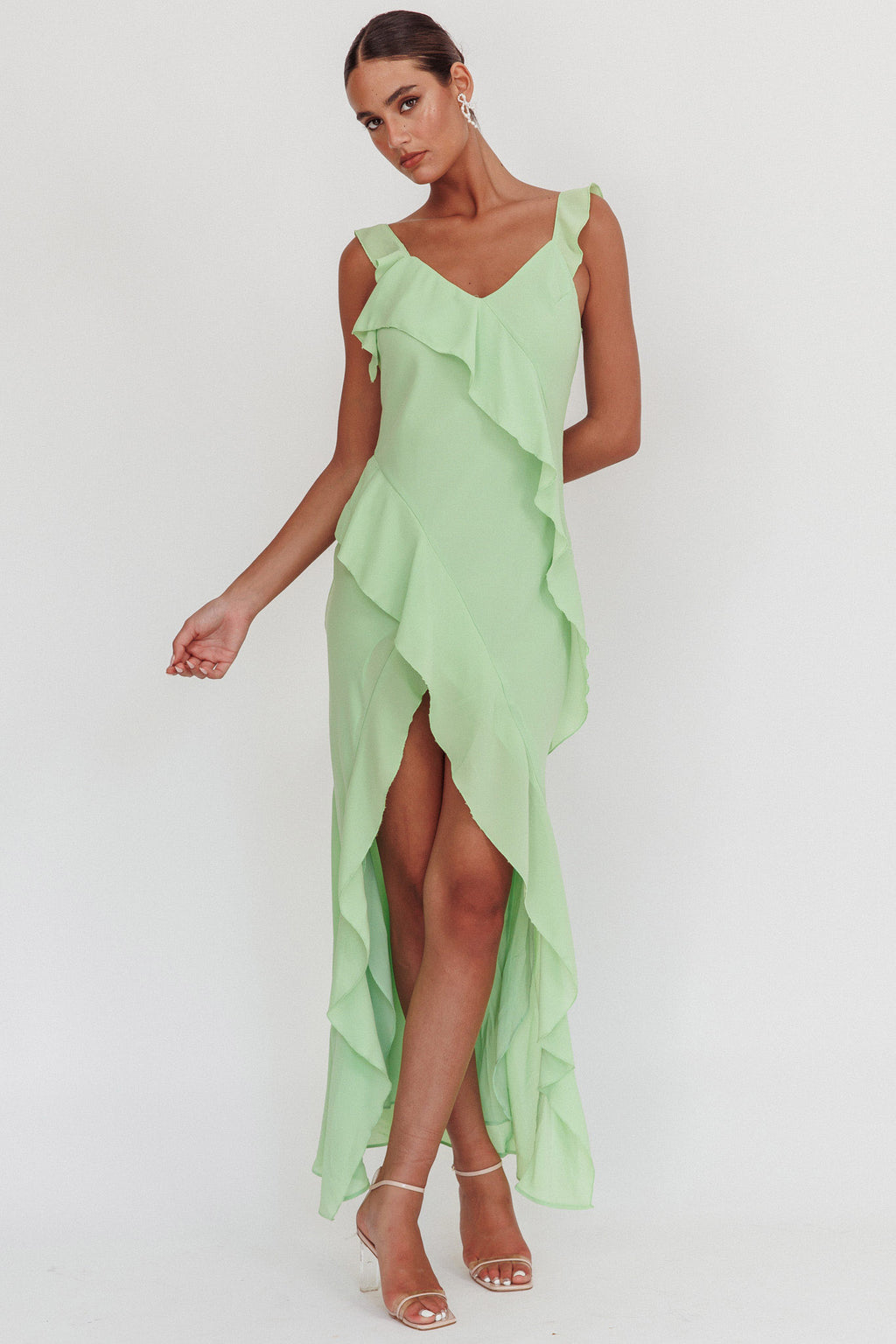 Johannson Ruffle Trim Maxi Dress Pistachio by Selfie Leslie