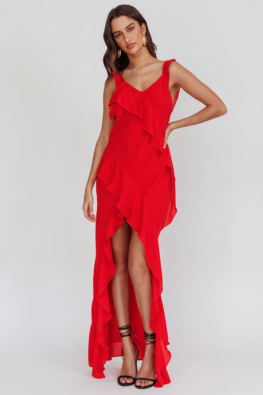 Johannson Ruffle Trim Maxi Dress Red by Selfie Leslie