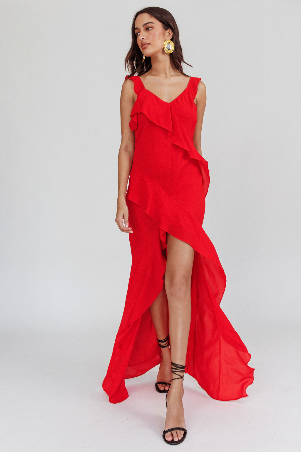 Johannson Ruffle Trim Maxi Dress Red by Selfie Leslie