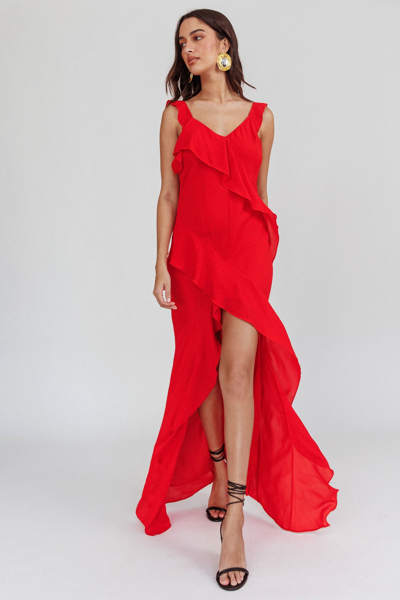 Johannson Ruffle Trim Maxi Dress Red by Selfie Leslie