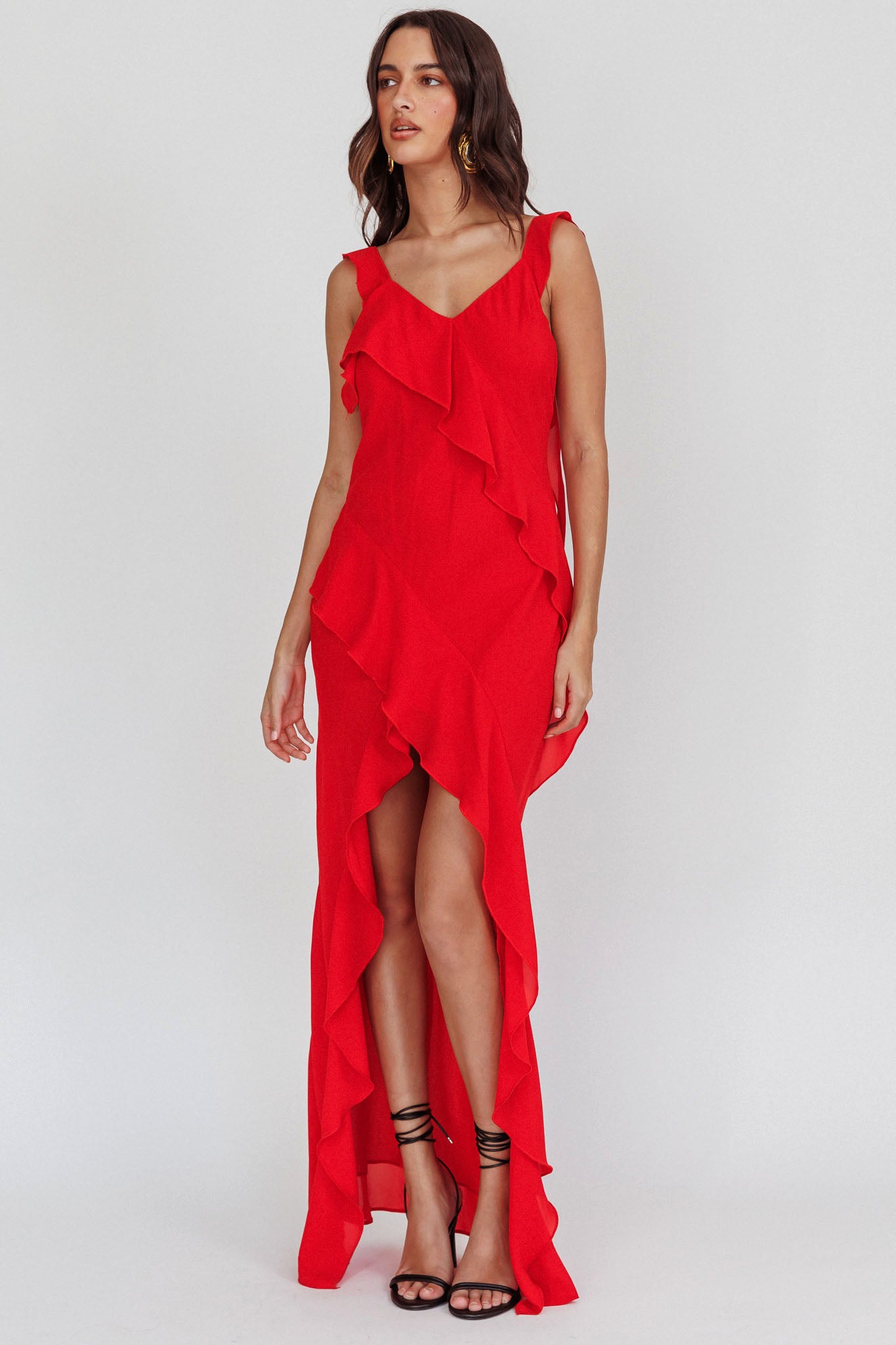 Johannson Ruffle Trim Maxi Dress Red by Selfie Leslie