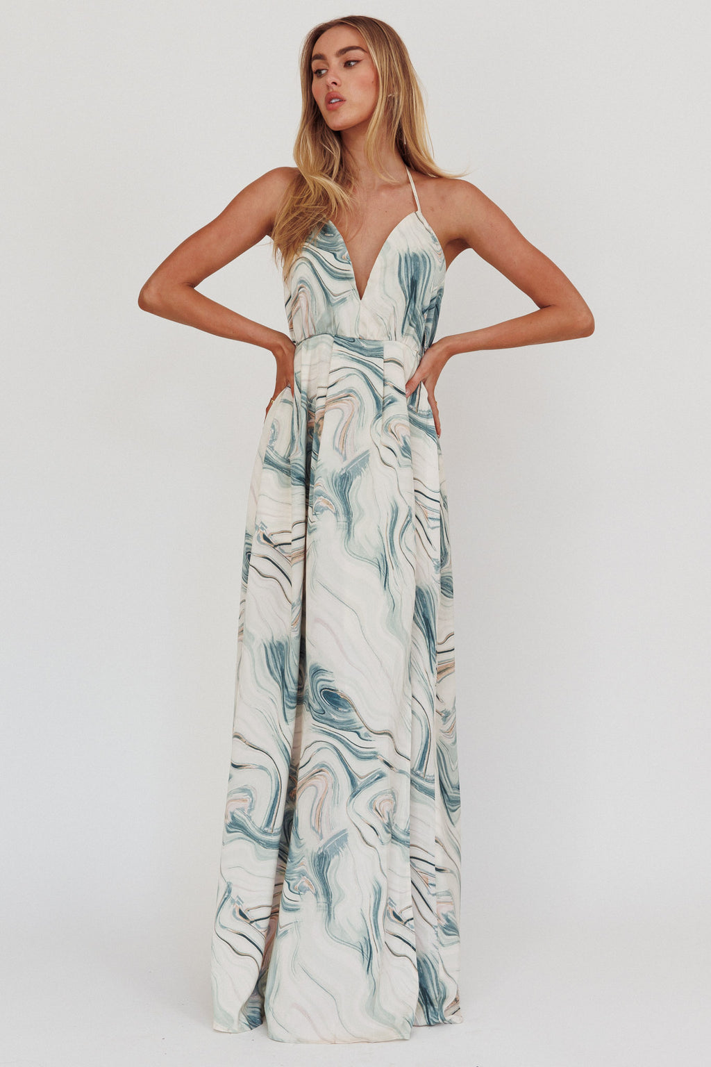 Snooze Marble Print Backless Maxi Dress Teal by Selfie Leslie