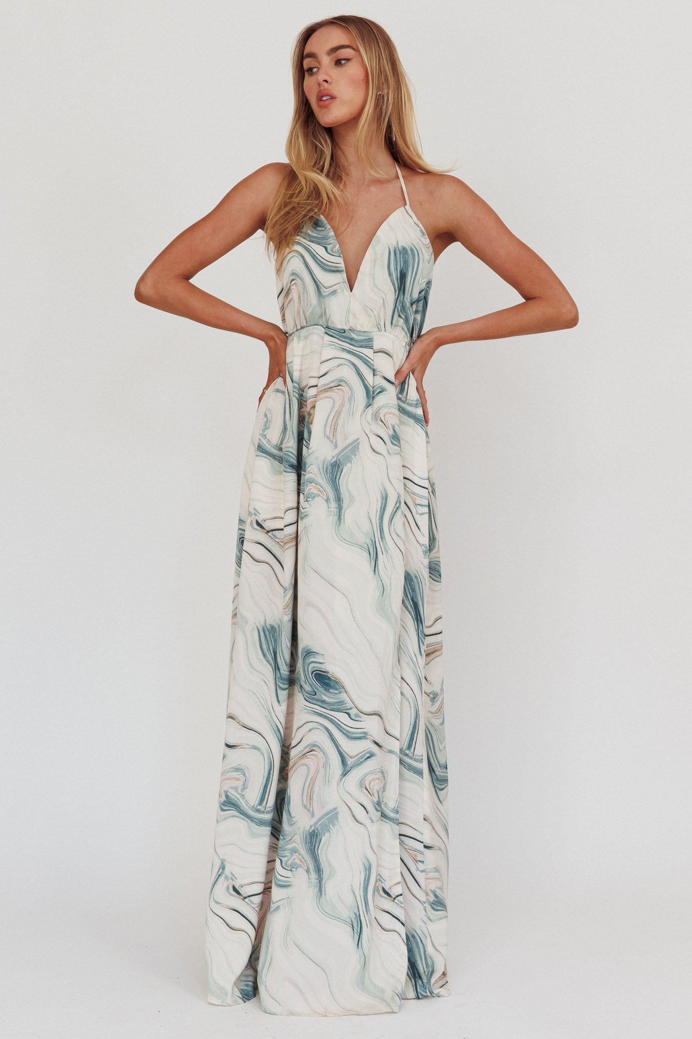 Snooze Marble Print Backless Maxi Dress Teal by Selfie Leslie