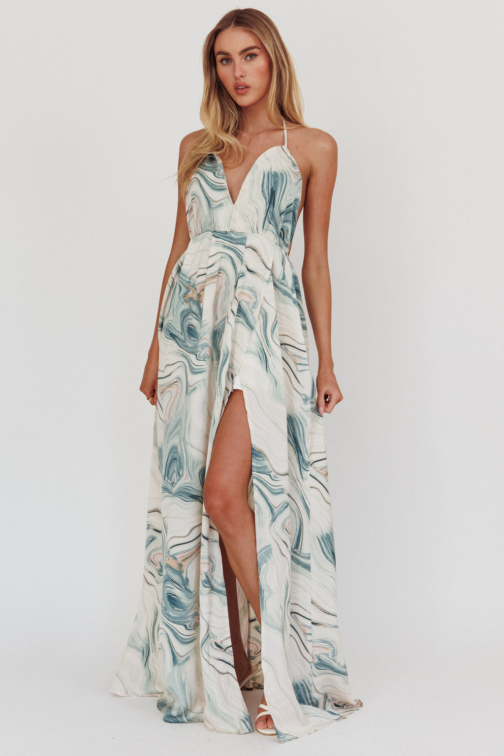 Snooze Marble Print Backless Maxi Dress Teal by Selfie Leslie