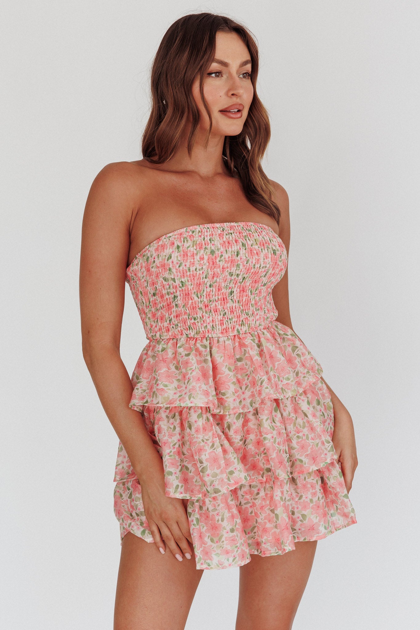 Like Angels Shirred Bodice Ruffle Mini Dress Pink by Selfie Leslie