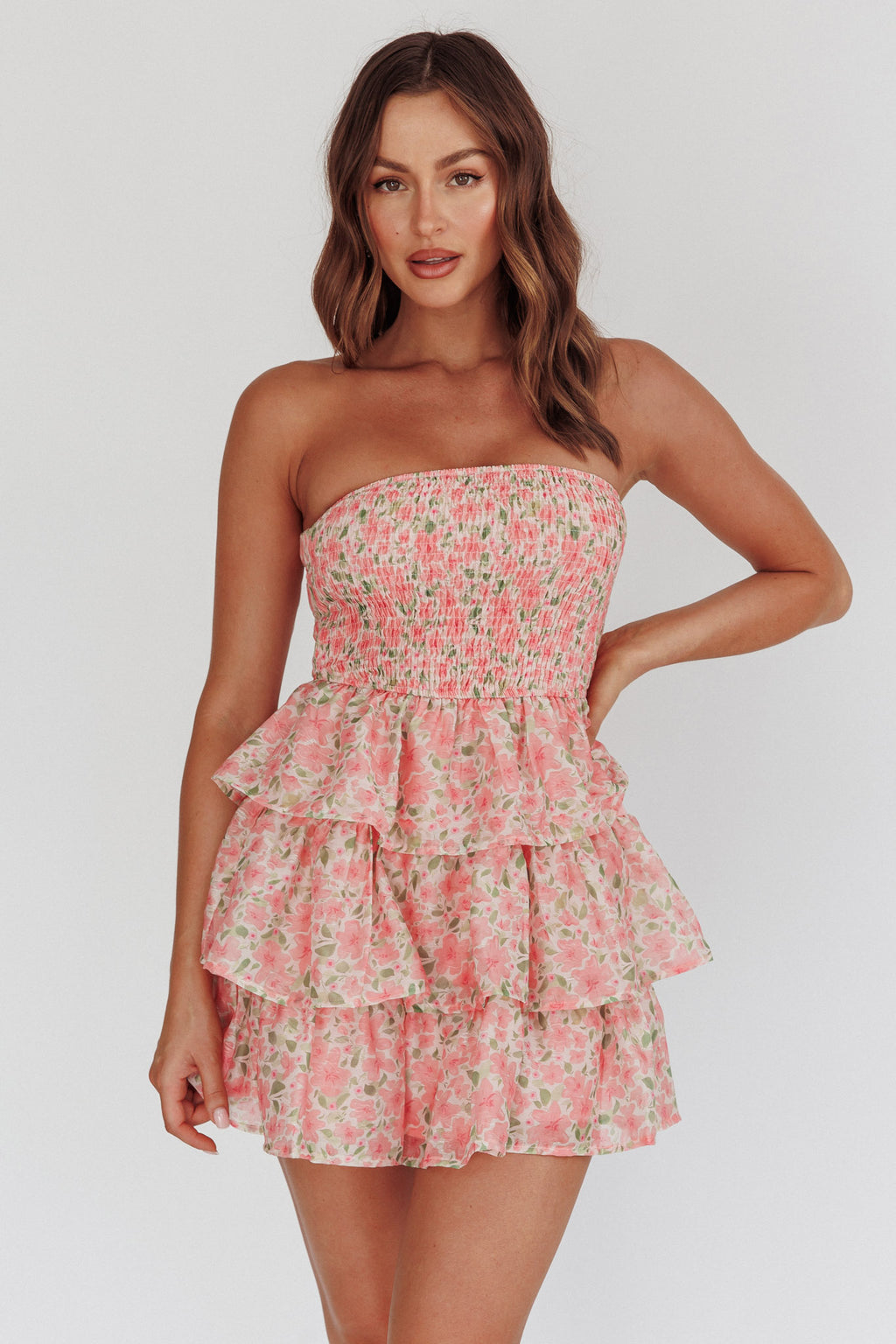 Like Angels Shirred Bodice Ruffle Mini Dress Pink by Selfie Leslie