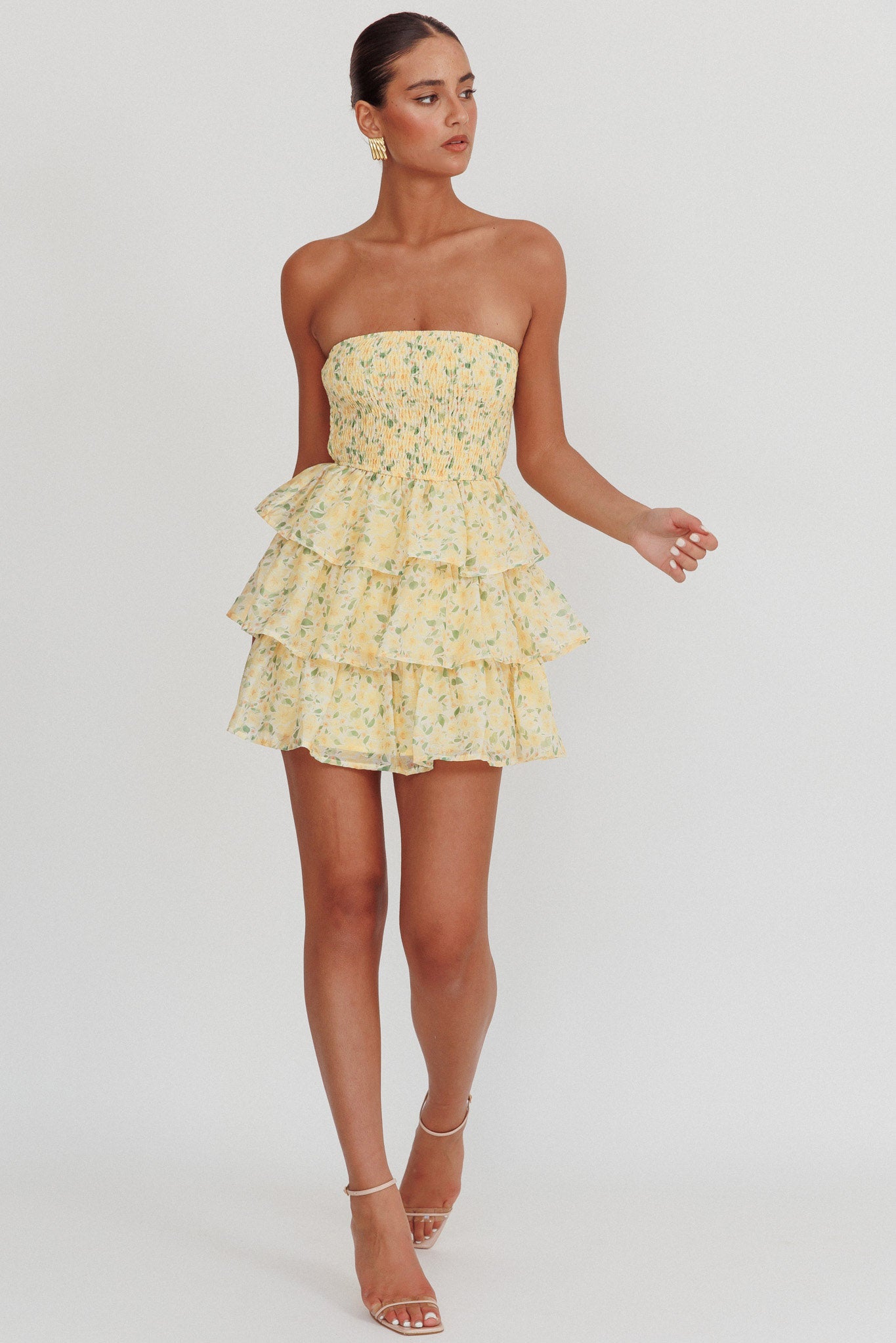 berkeley ruffle mini dress Like Angels Shirred Bodice Yellow The dress is paired Print:Kaia halter neck party dress IROINNID Cocktail Dress for