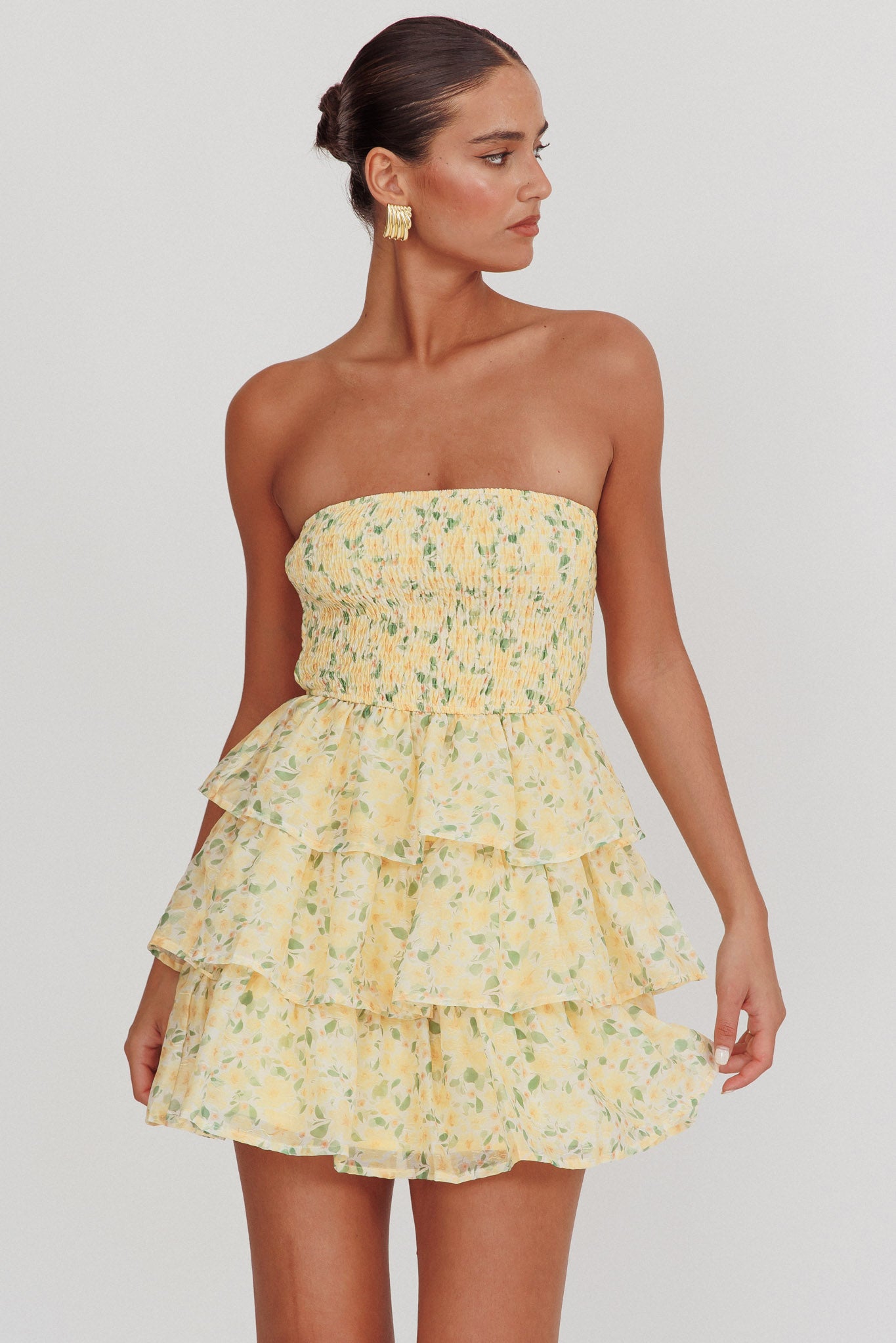 Like Angels Shirred Bodice Ruffle Mini Dress Yellow Selfie Leslie