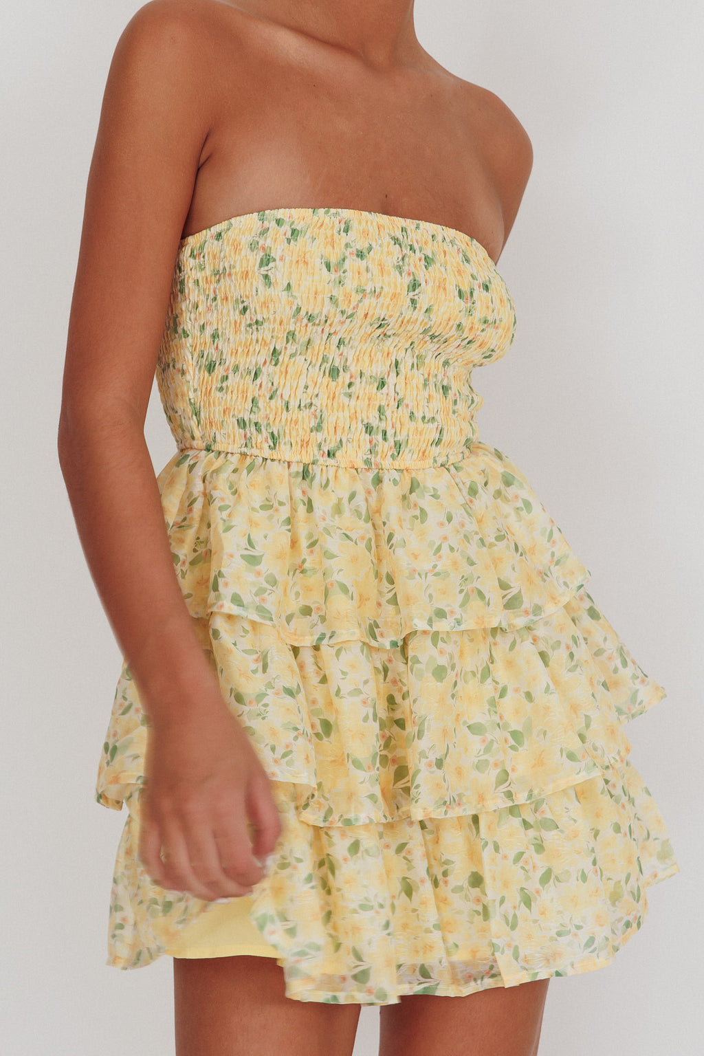 Like Angels Shirred Bodice Ruffle Mini Dress Yellow by Selfie Leslie