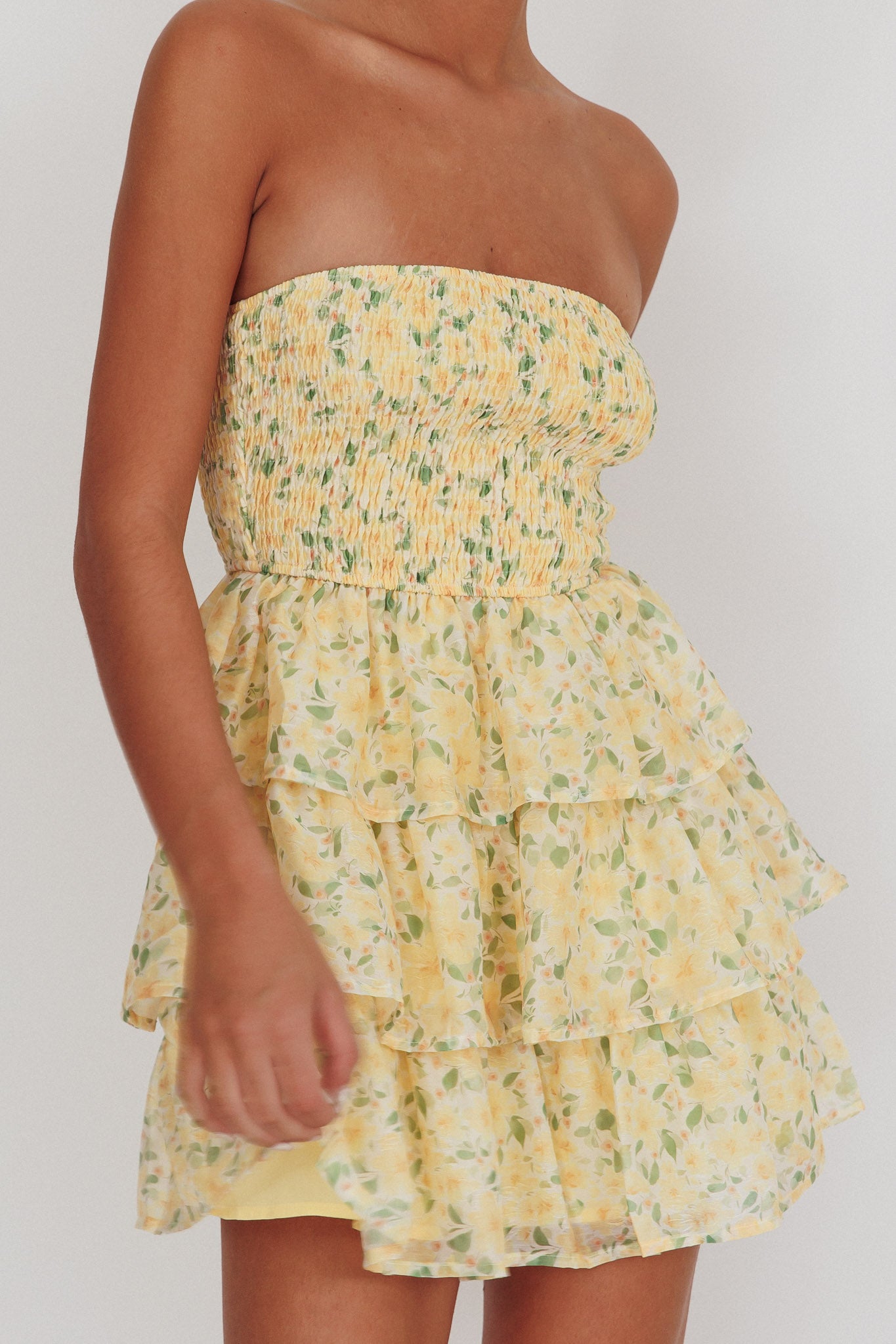 Like Angels Shirred Bodice Ruffle Mini Dress Yellow by Selfie Leslie