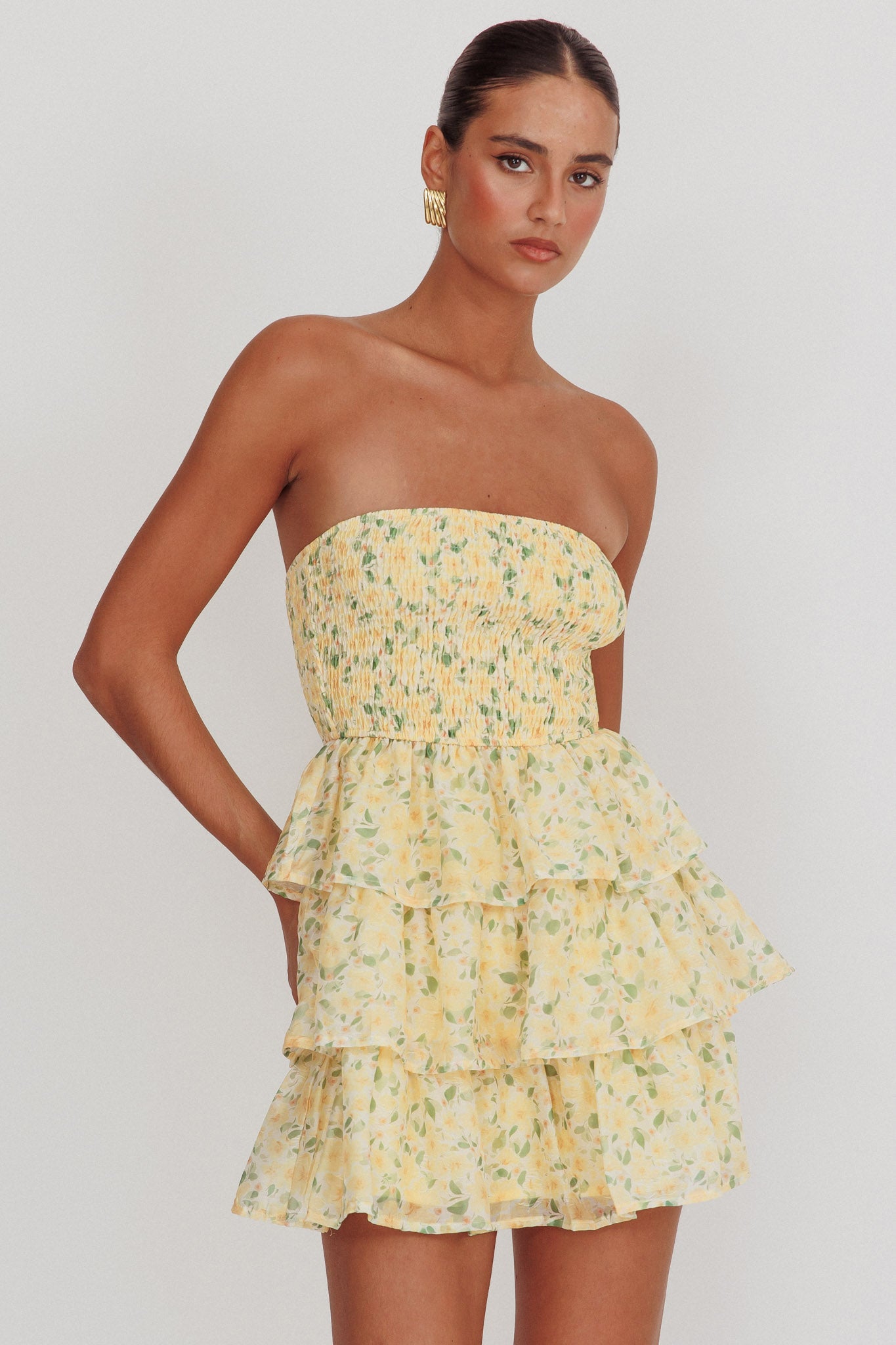 Like Angels Shirred Bodice Ruffle Mini Dress Yellow by Selfie Leslie