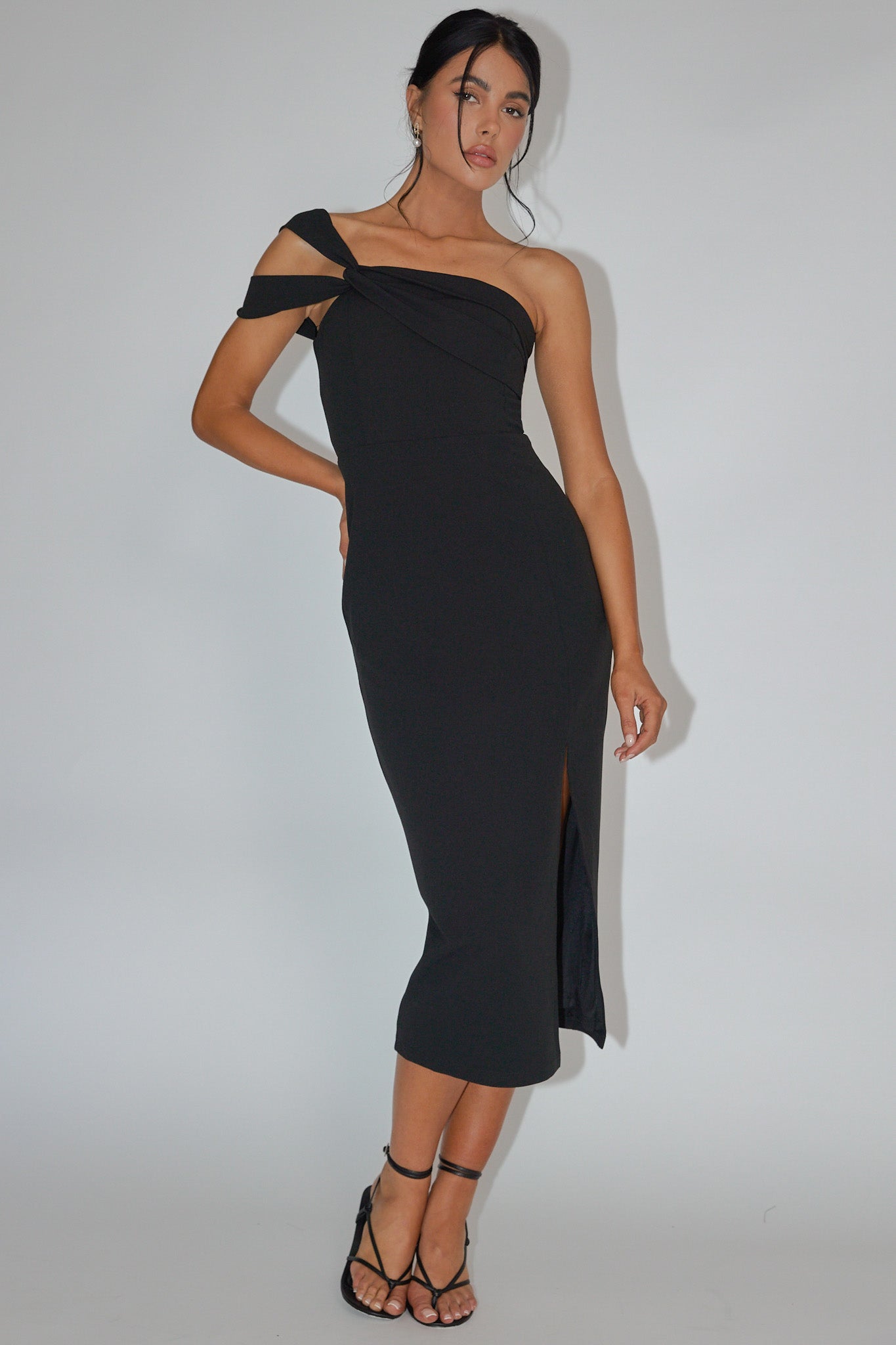 First Impressions One Shoulder Midi Dress Black by Selfie Leslie