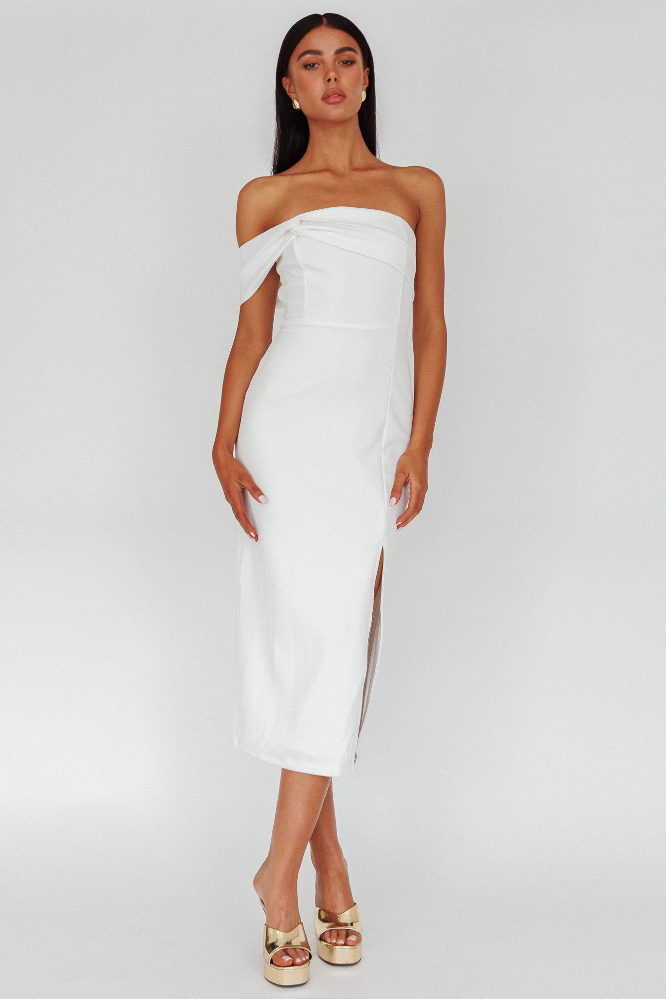 First Impressions One Shoulder Midi Dress White by Selfie Leslie