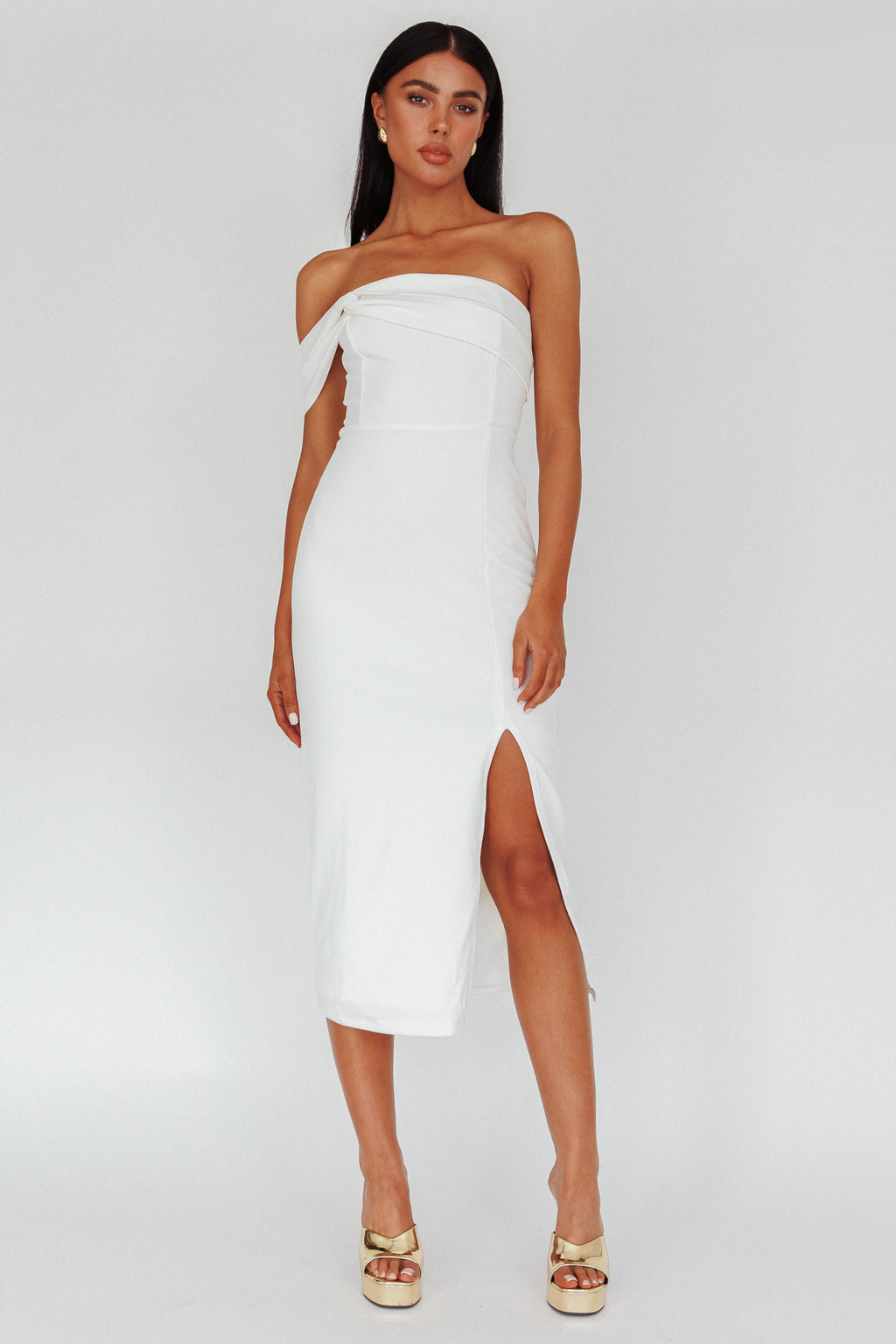 First Impressions One Shoulder Midi Dress White by Selfie Leslie