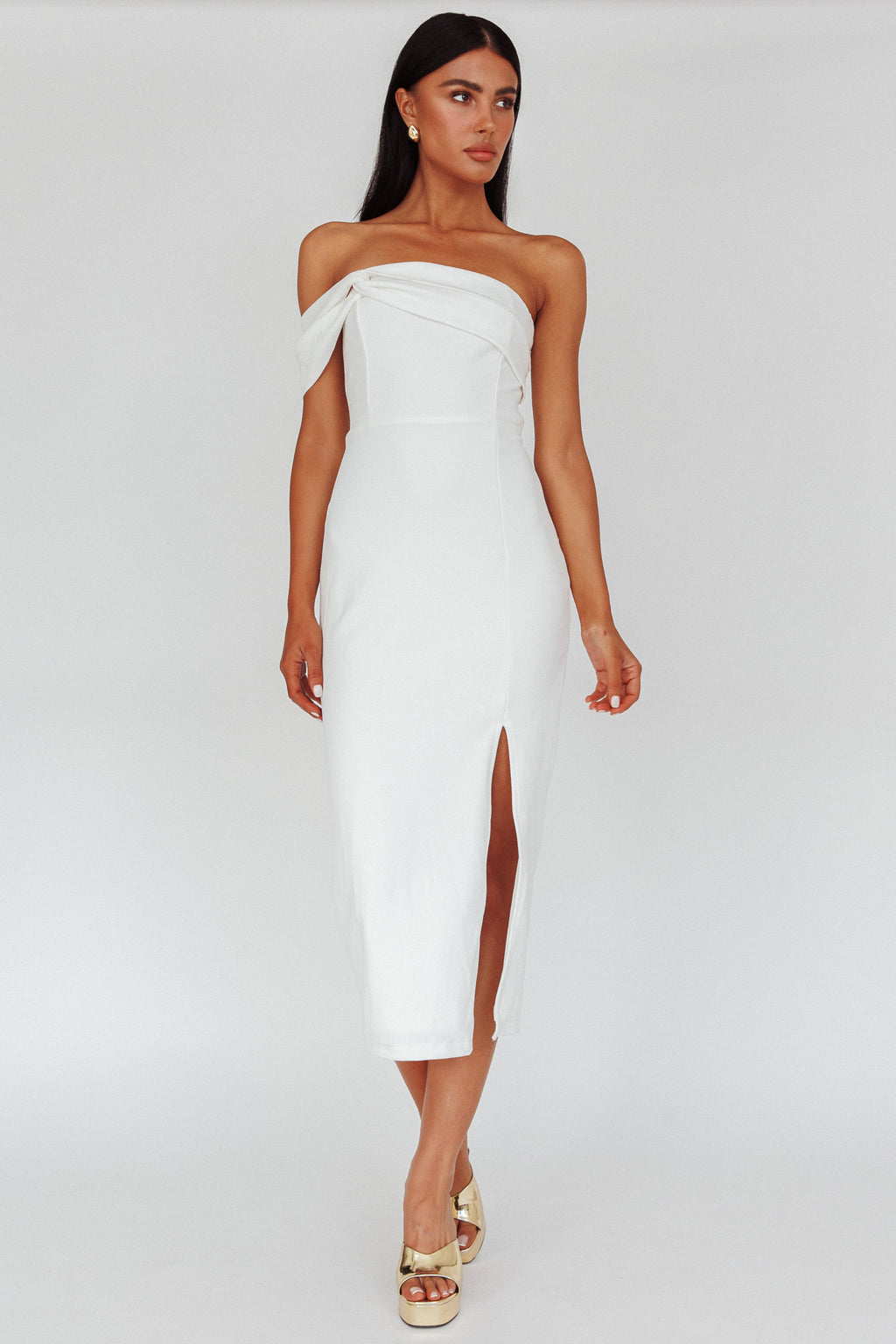 First Impressions One Shoulder Midi Dress White by Selfie Leslie