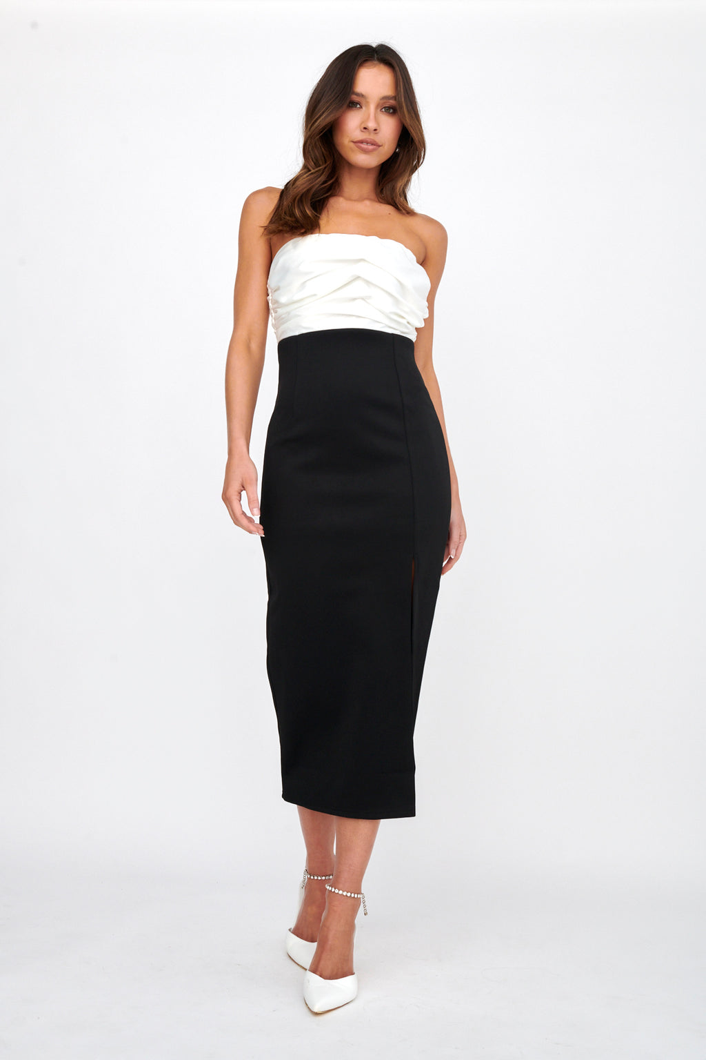 Brandi Strapless Split Midi Dress White/Black by Selfie Leslie