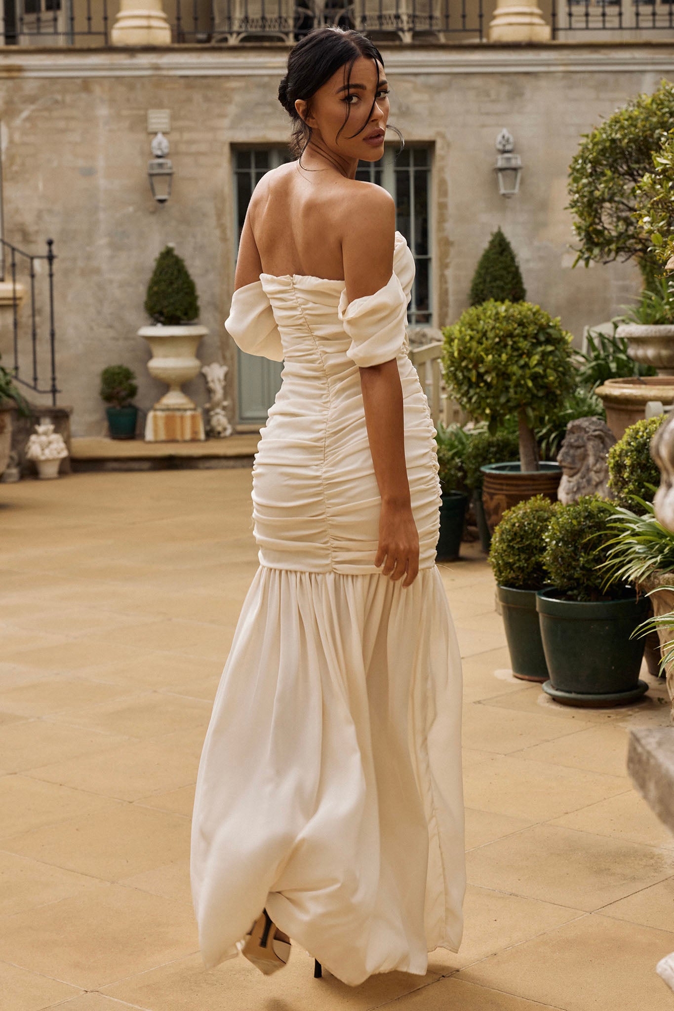 Dalisha Off Shoulder Ruched Maxi Dress Cream by Selfie Leslie