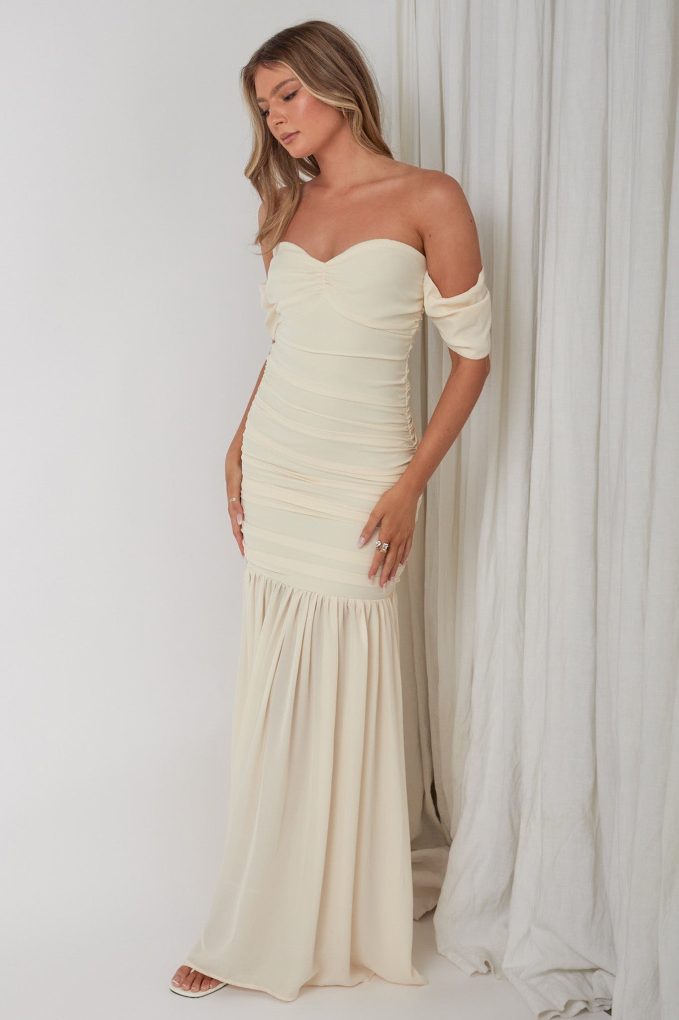 Dalisha Off Shoulder Ruched Maxi Dress Cream Selfie Leslie Dalisha Off Shoulder Ruched Maxi Dress Cream Selfie Leslie