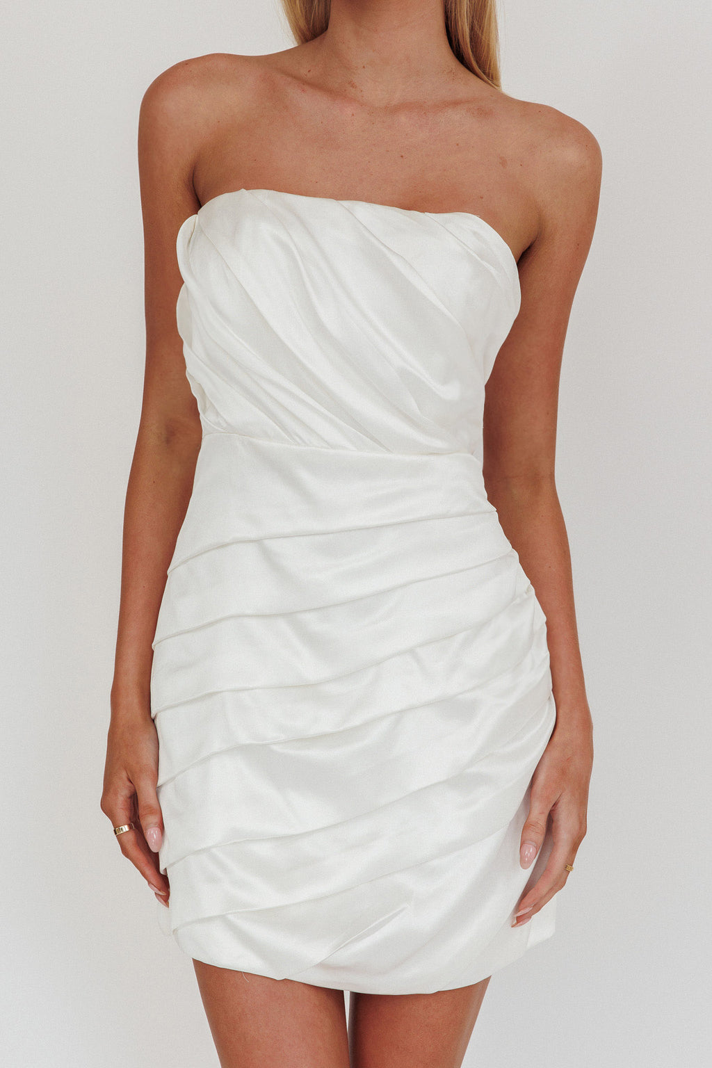 Boulevard Bliss Gathered Mini Dress Off White by Selfie Leslie