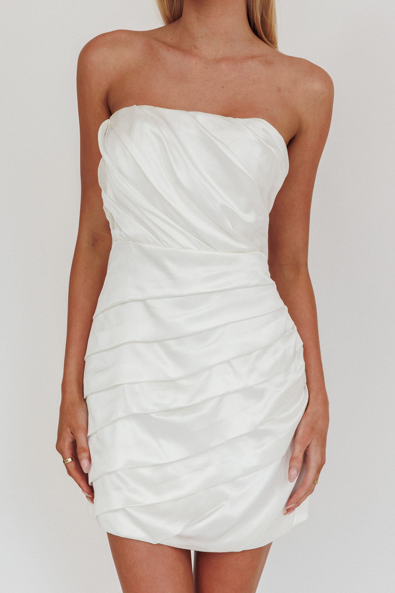 Boulevard Bliss Gathered Mini Dress Off White by Selfie Leslie