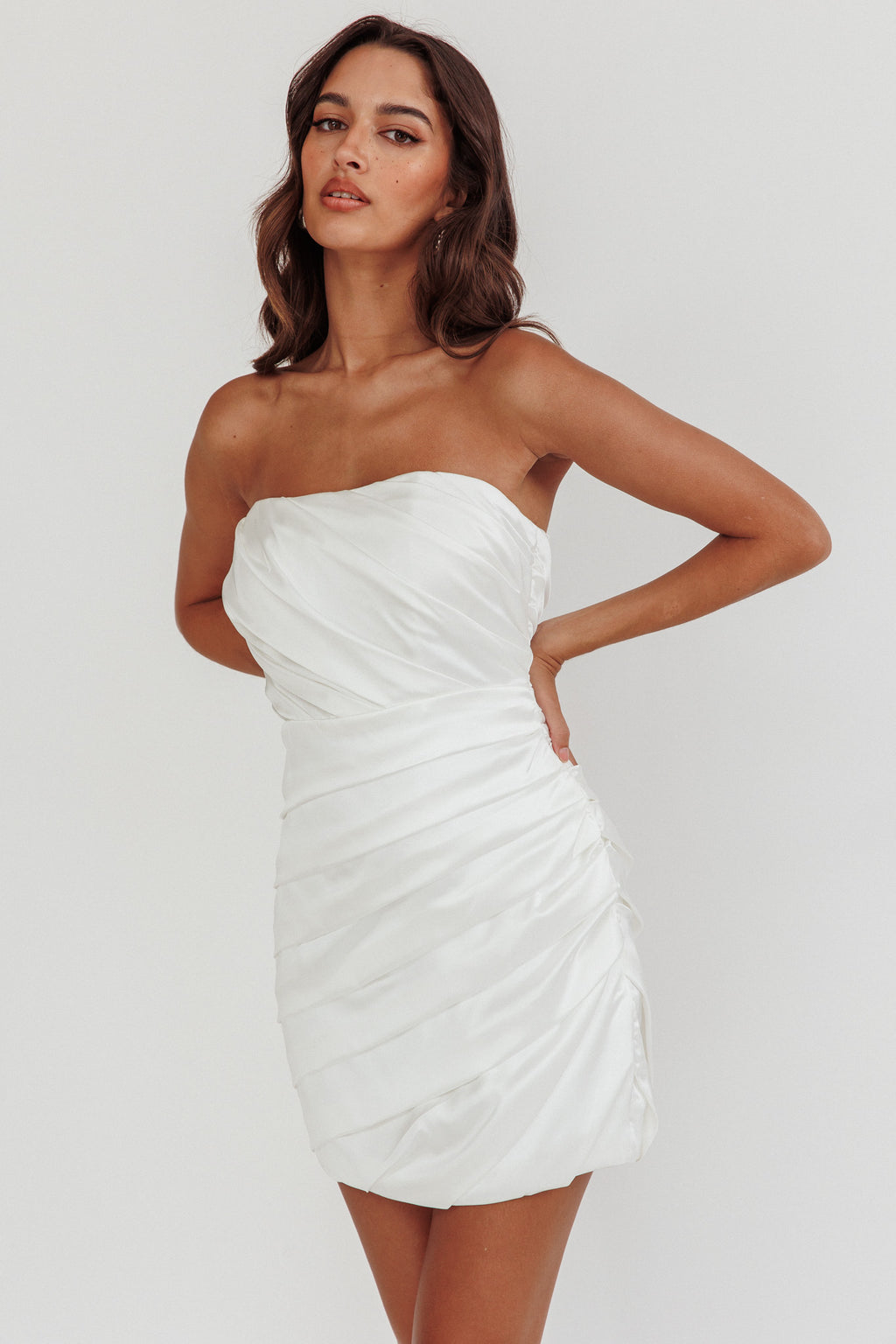 Boulevard Bliss Gathered Mini Dress Off White by Selfie Leslie