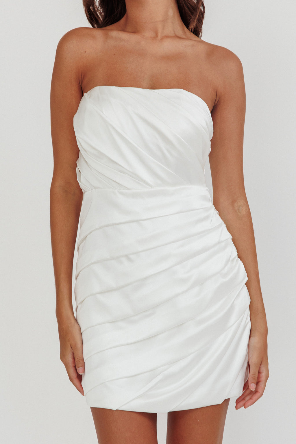 Boulevard Bliss Gathered Mini Dress Off White by Selfie Leslie