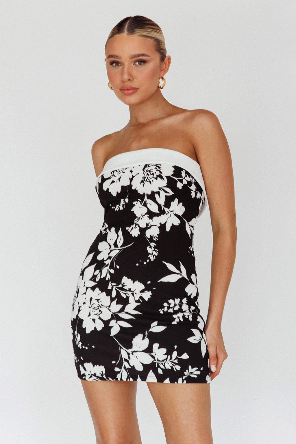 Missie Strapless Mini Dress Floral Black by Selfie Leslie