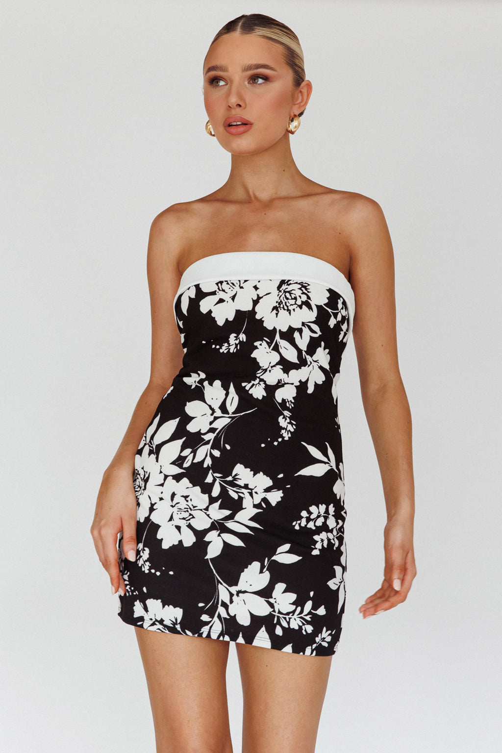 Missie Strapless Mini Dress Floral Black by Selfie Leslie