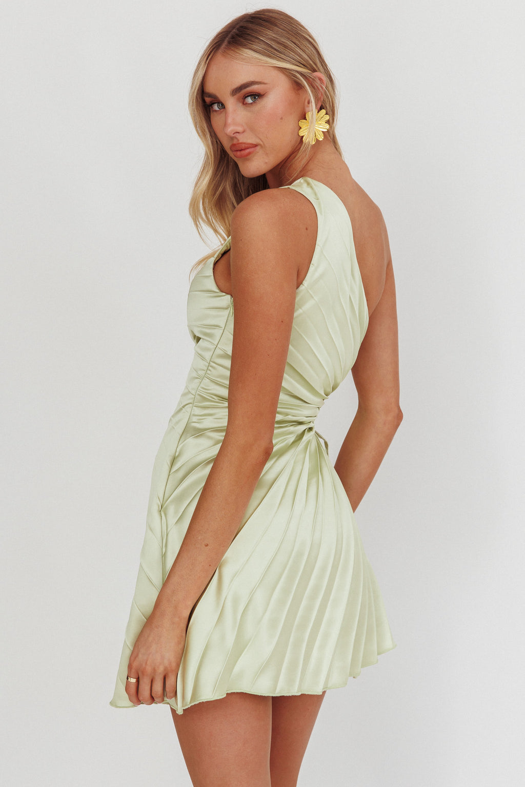 Glow Ray One-Shoulder Pleat Dress Apple by Selfie Leslie